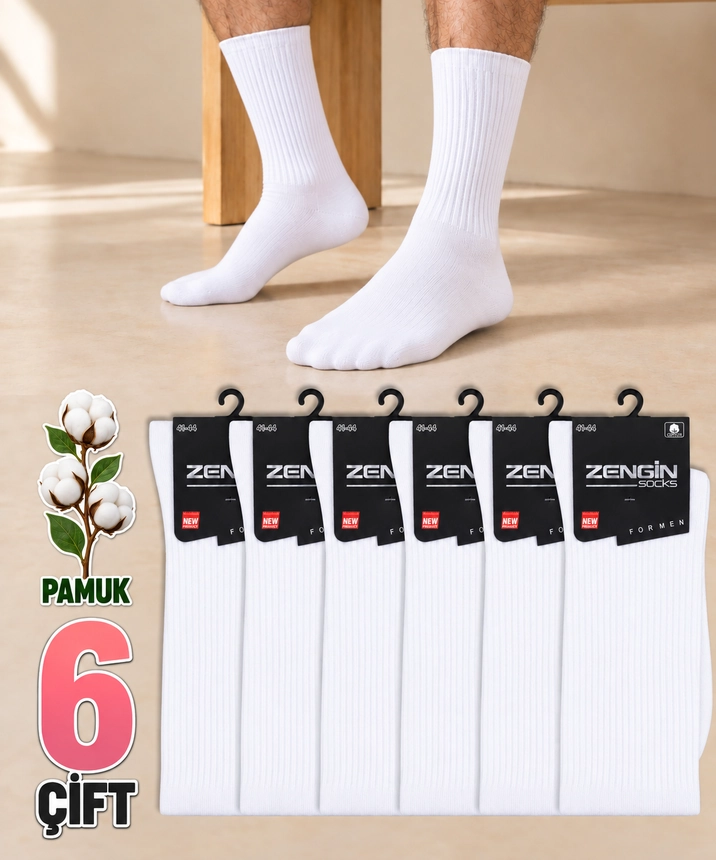 6 Çift Pamuklu Düz Erkek Soket Çorap - BEYAZ - 1