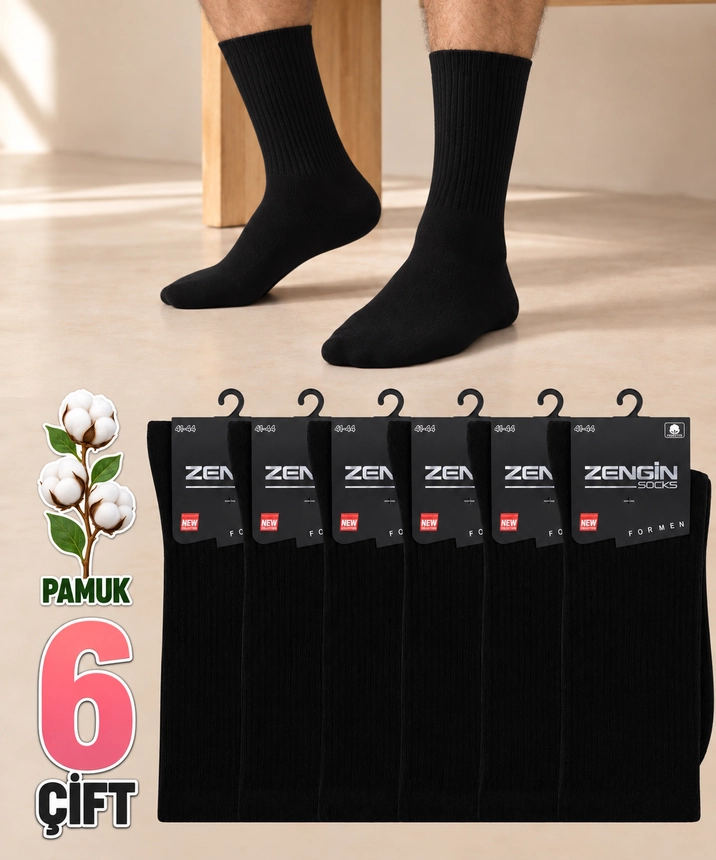 6 Çift Pamuklu Düz Erkek Soket Çorap - SİYAH