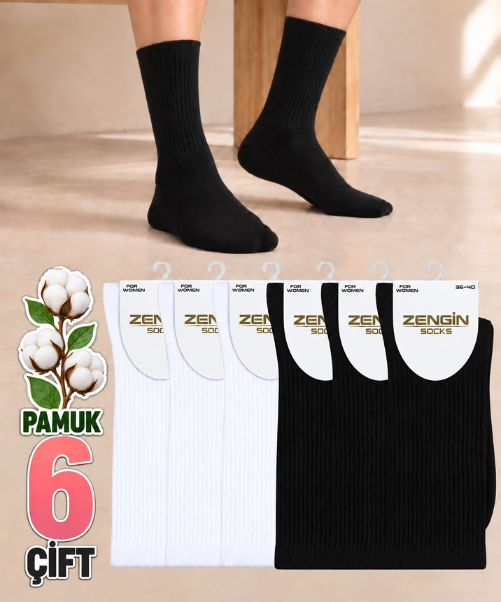 6 Çift Pamuklu Düz Kadın Soket Çorap - ASORTİ 