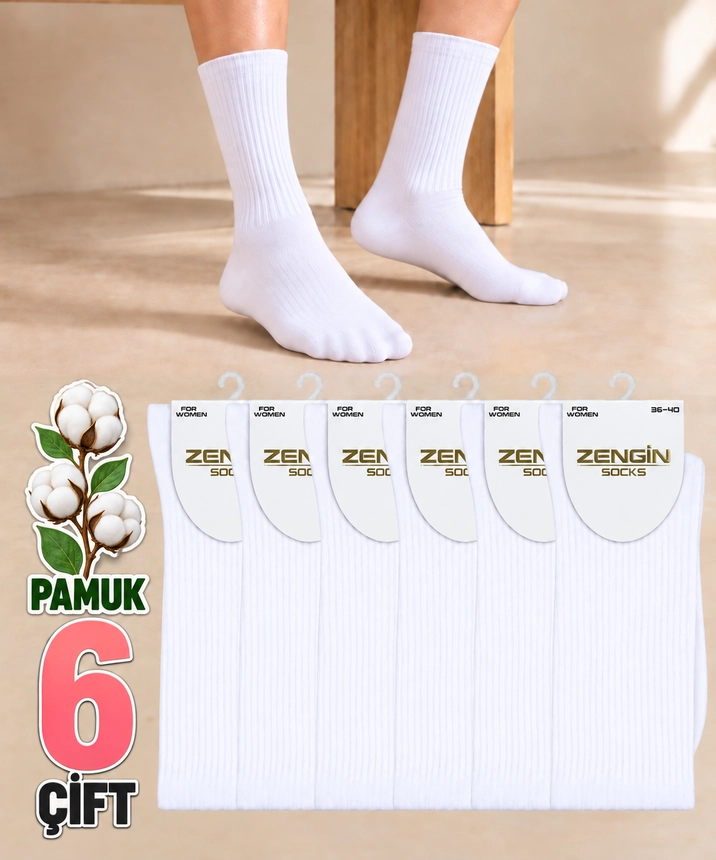 6 Çift Pamuklu Düz Kadın Soket Çorap - BEYAZ - 1