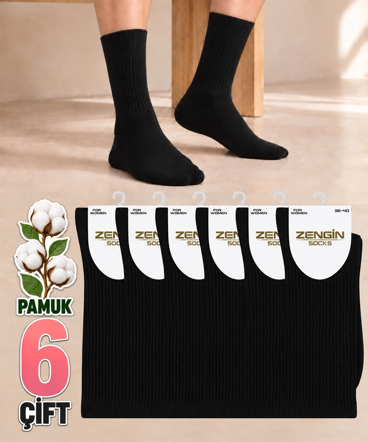 6 Çift Pamuklu Düz Kadın Soket Çorap - SİYAH - 1