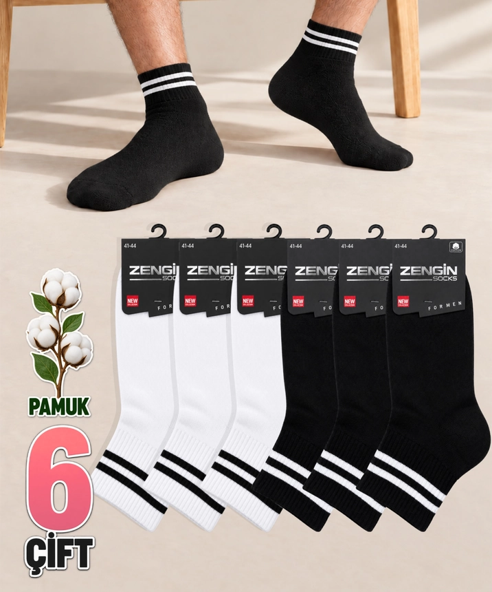 6 Çift Taban Altı Havlu Çizgili Erkek Yarım Konç Çorap - ASORTİ 