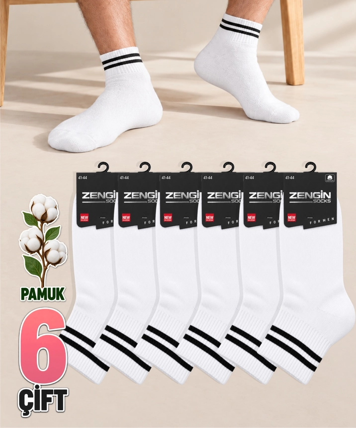 6 Çift Taban Altı Havlu Çizgili Erkek Yarım Konç Çorap - BEYAZ - 1