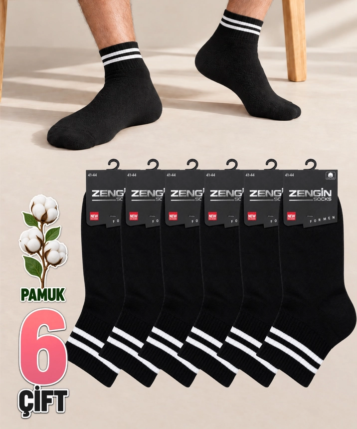 6 Çift Taban Altı Havlu Çizgili Erkek Yarım Konç Çorap - SİYAH - 1