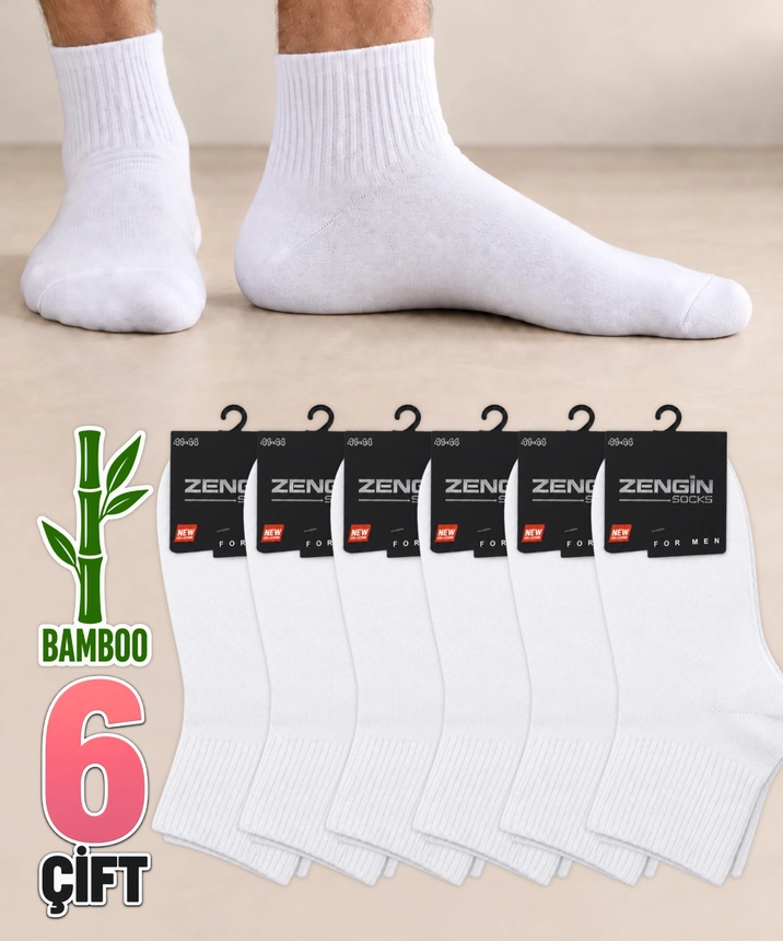 6 Çift Bambu Taban Altı Havlu Erkek Yarım Konç Çorap - BEYAZ