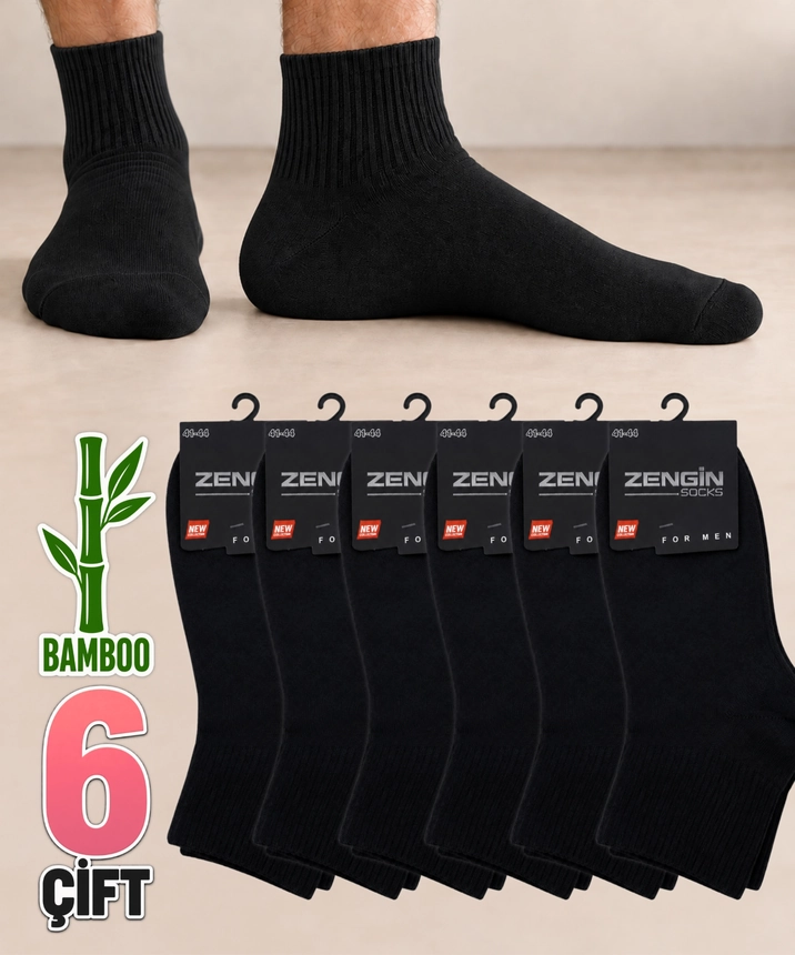 6 Çift Bambu Taban Altı Havlu Erkek Yarım Konç Çorap - SİYAH