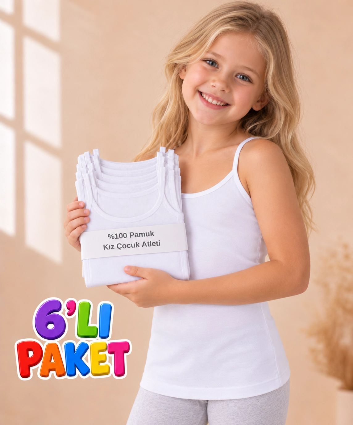 6'lı Paket %100 Pamuk Biyeli İp Askılı Çocuk Atlet - BEYAZ - 1