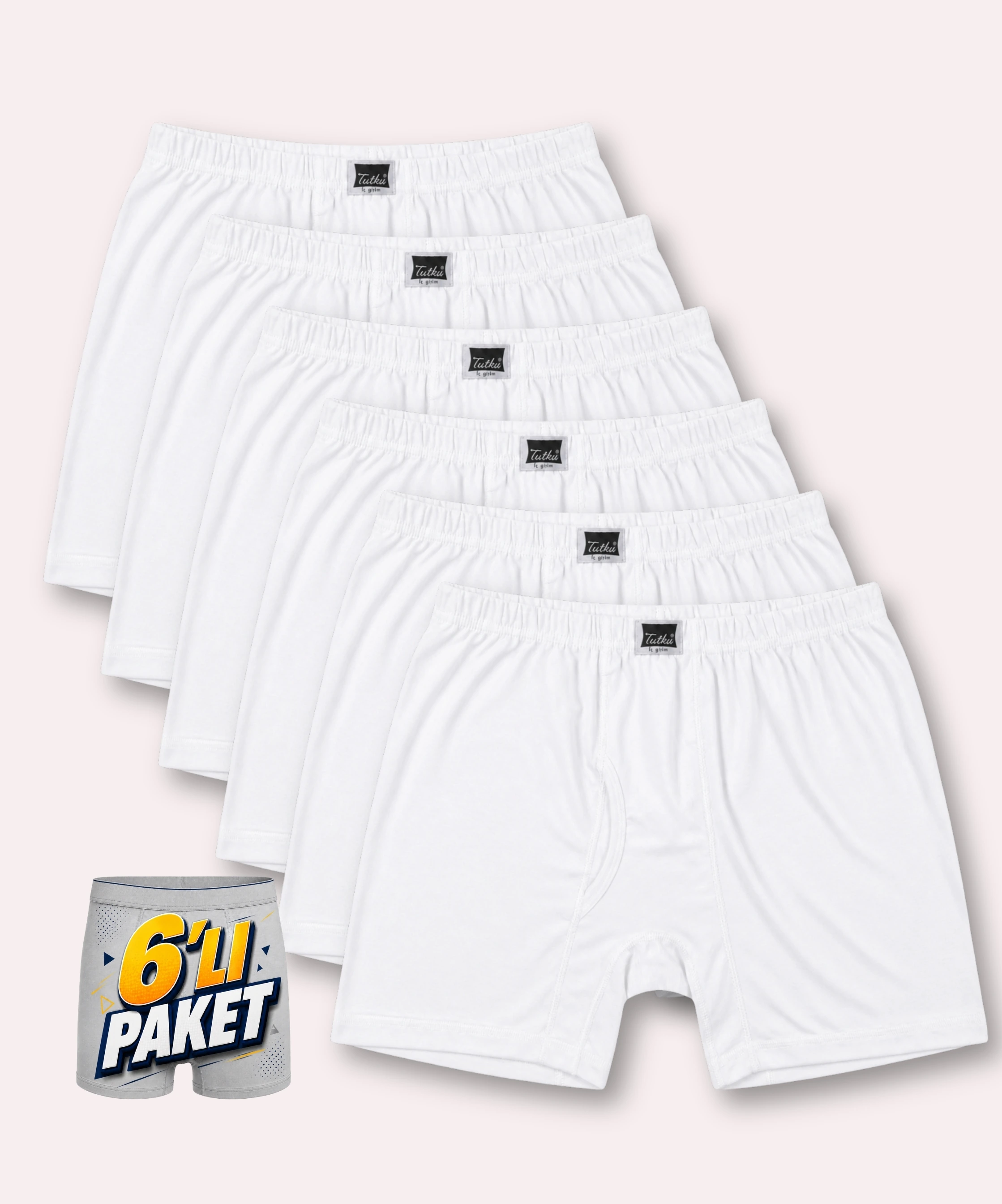 6'lı Paket %100 Pamuk Penye Arjantin Paçalı Erkek Boxer - BEYAZ - 1