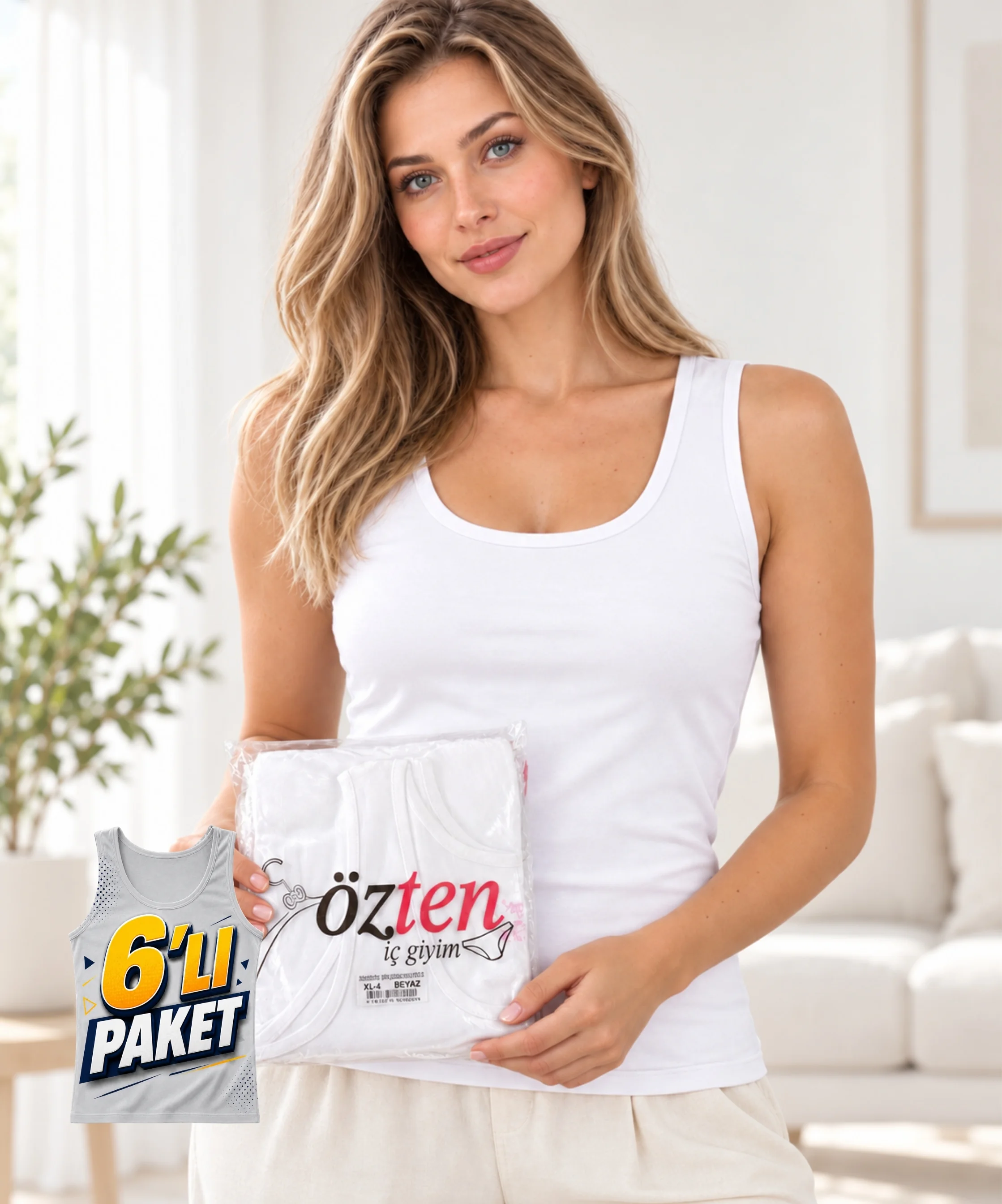 6'lı Paket %100 Pamuk Ribana Biyeli Geniş Askılı Atlet - BEYAZ