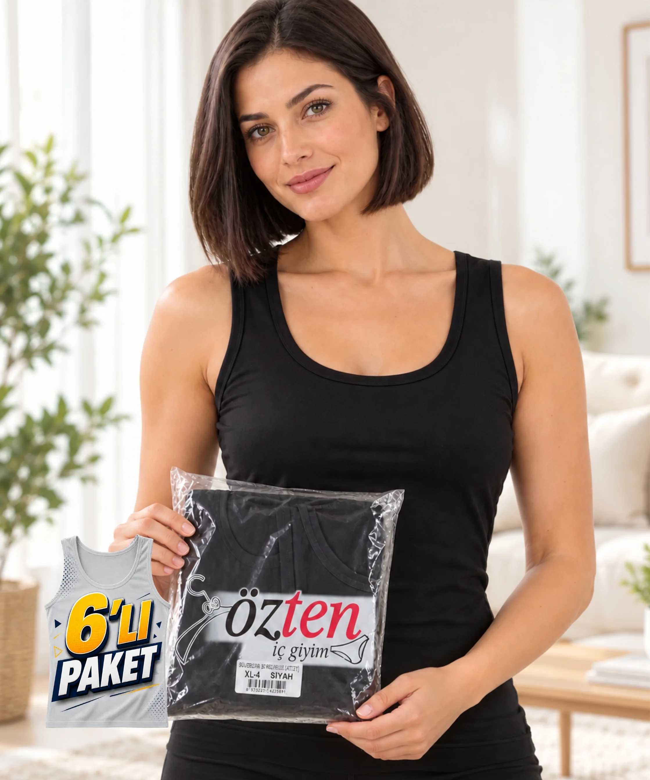 6'lı Paket %100 Pamuk Ribana Biyeli Geniş Askılı Atlet - SİYAH