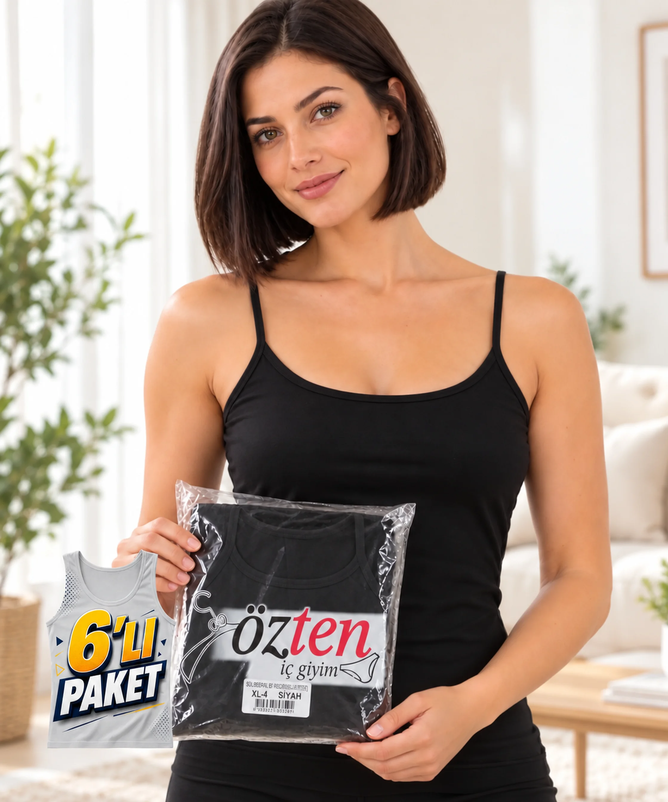 6'lı Paket %100 Pamuk Ribana Biyeli İp Askılı Atlet - SİYAH 