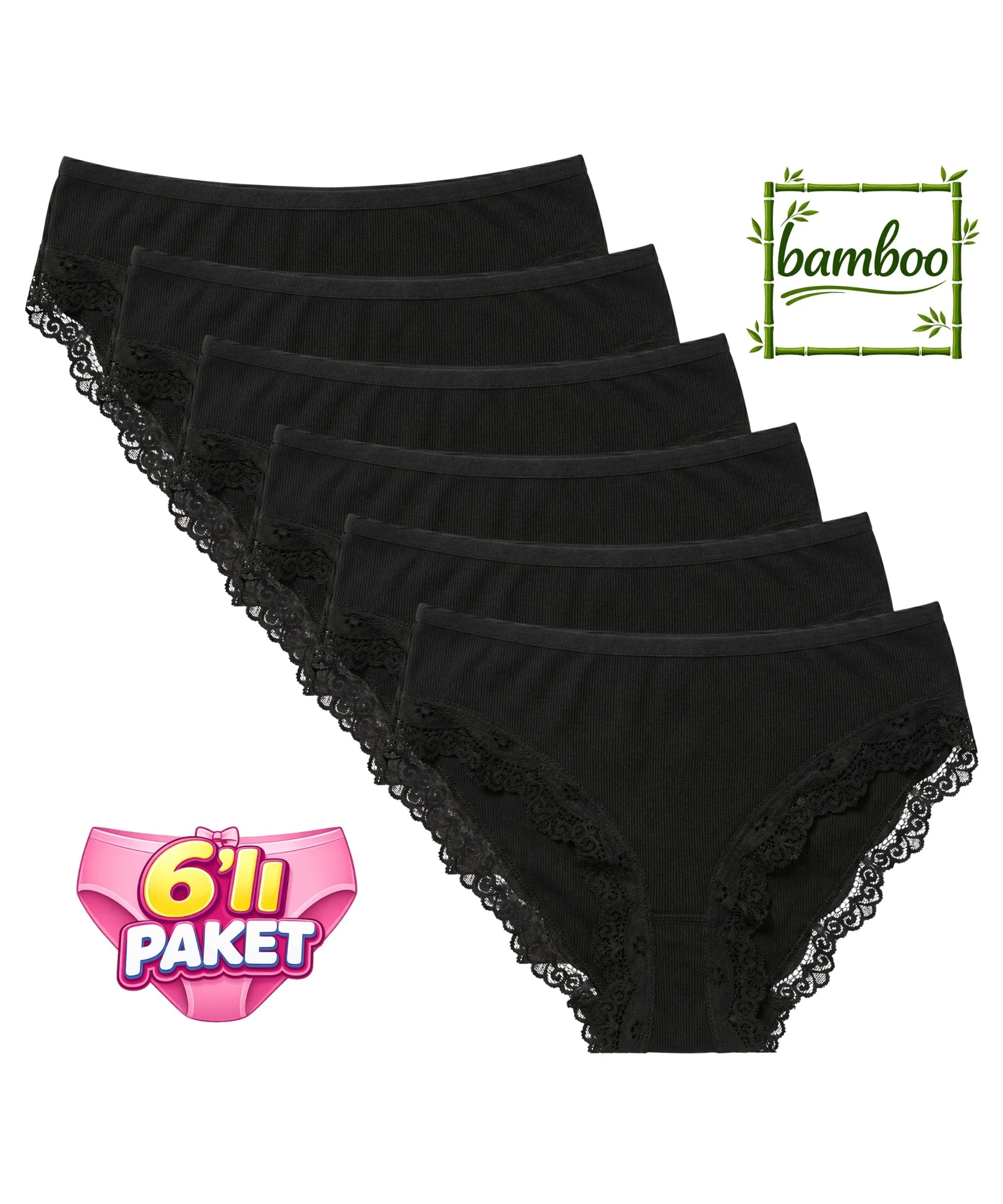 6'lı Paket Bambu Dantelli Bikini Külot - SİYAH