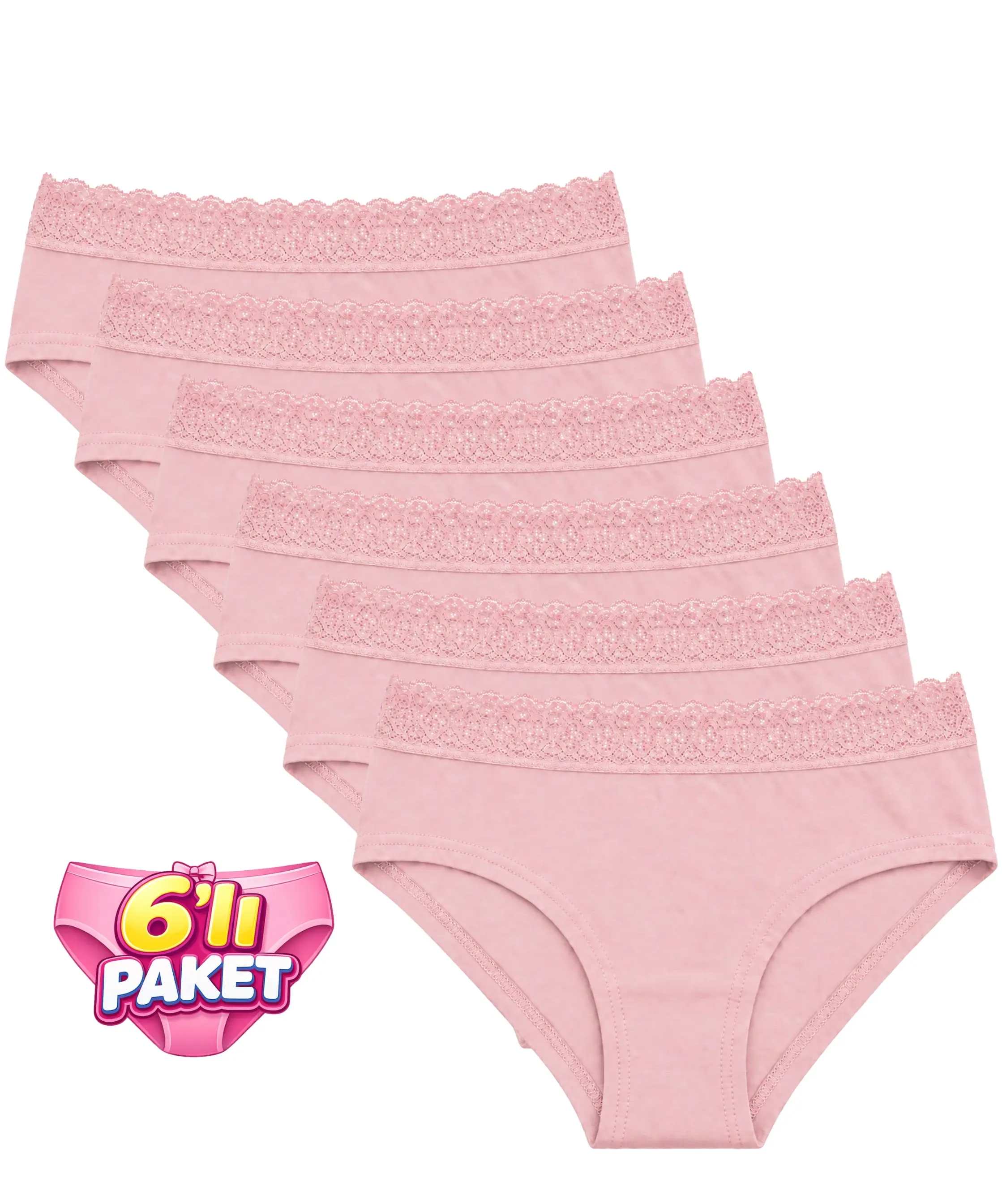 6'lı Paket Beli Dantelli Kadın Bikini Külot - GÜL KURUSU - 1