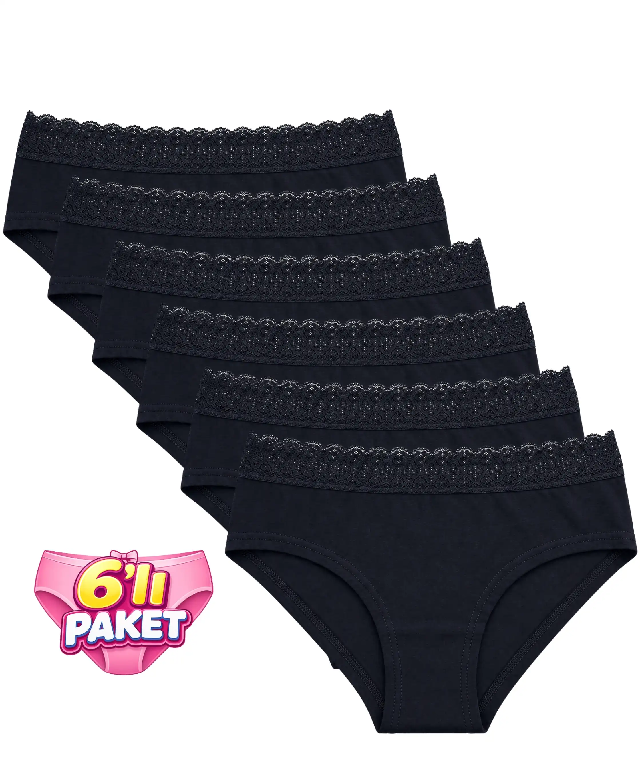6'lı Paket Beli Dantelli Kadın Bikini Külot - SİYAH 