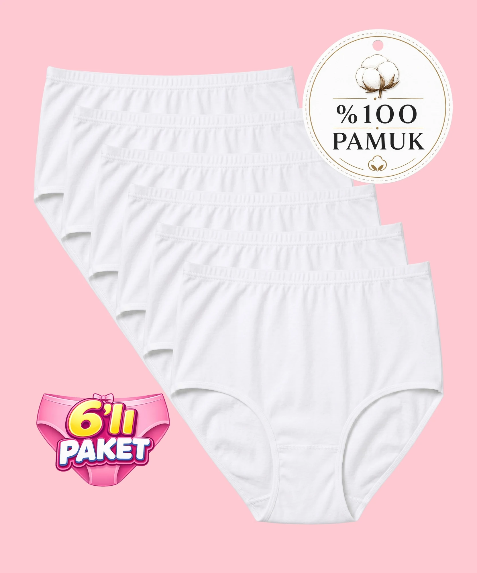 6'lı Paket Büyük Beden Biyeli Bato Külot - BEYAZ 