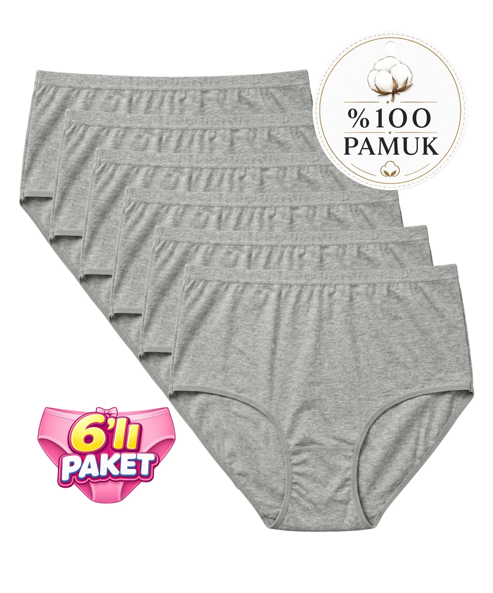 6'lı Paket Büyük Beden Biyeli Bato Külot - GRİ - 1