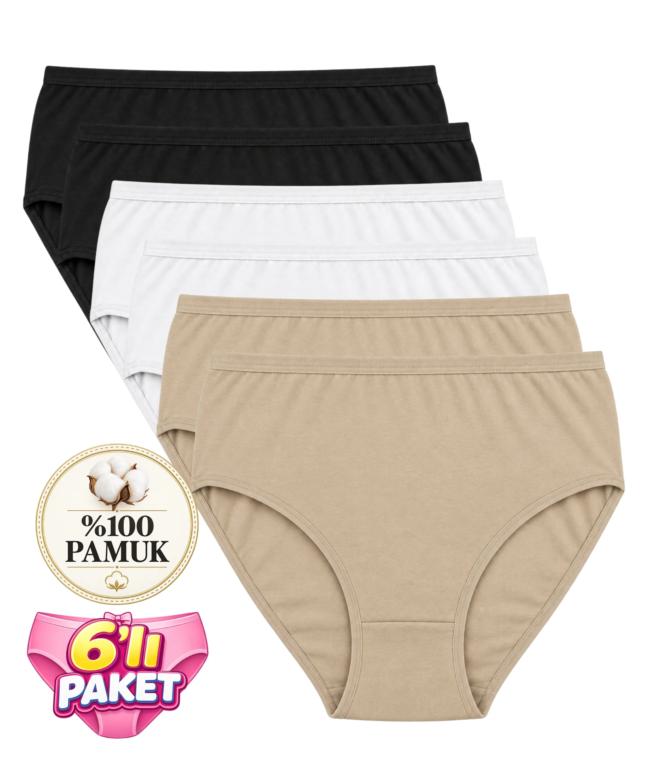 6'lı Paket Büyük Beden %100 Pamuklu Bato Külot - ASORTİ 