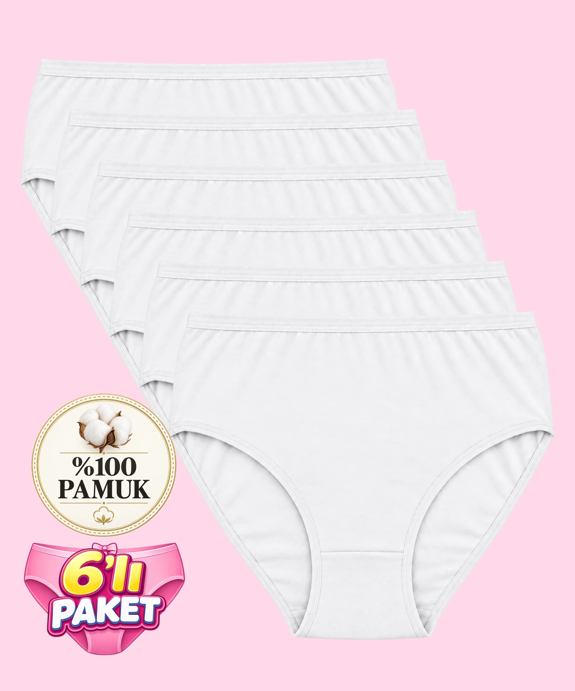 6'lı Paket Büyük Beden %100 Pamuklu Bato Külot - BEYAZ - 1