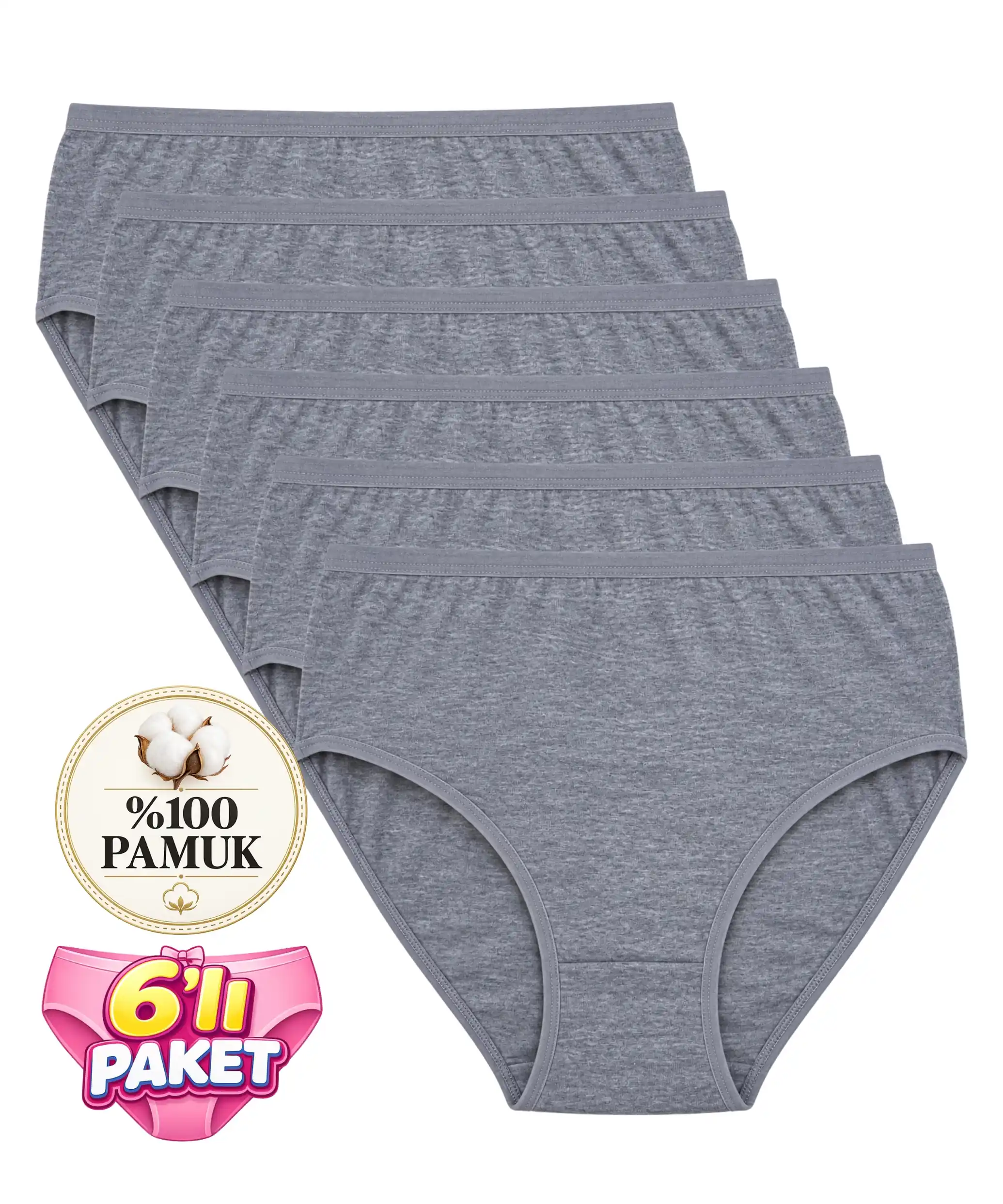 6'lı Paket Büyük Beden %100 Pamuklu Bato Külot - GRİ - 1