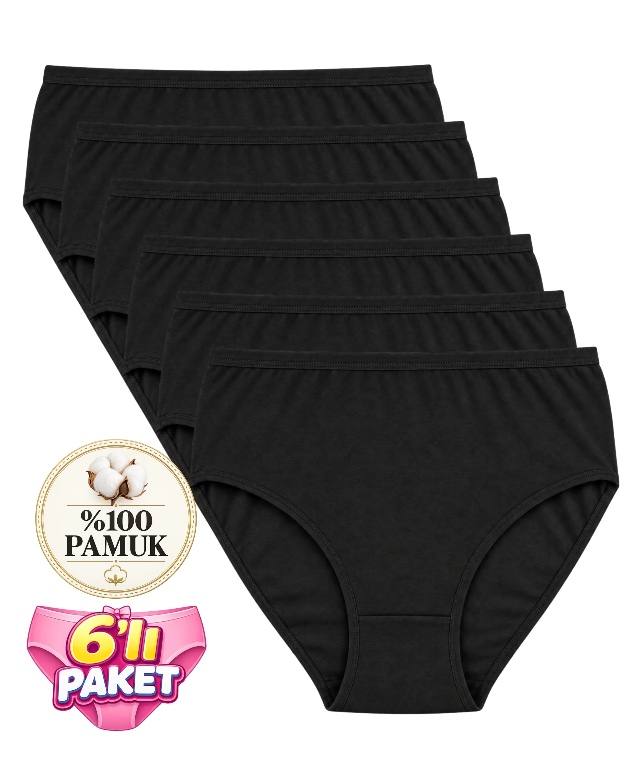 6'lı Paket Büyük Beden %100 Pamuklu Bato Külot - SİYAH - 1