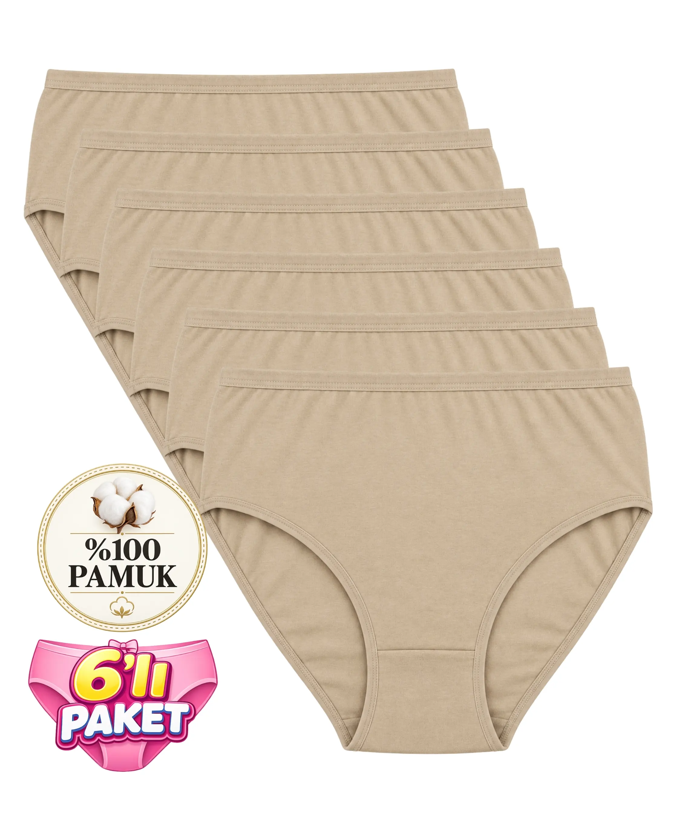 6'lı Paket Büyük Beden %100 Pamuklu Bato Külot - TEN