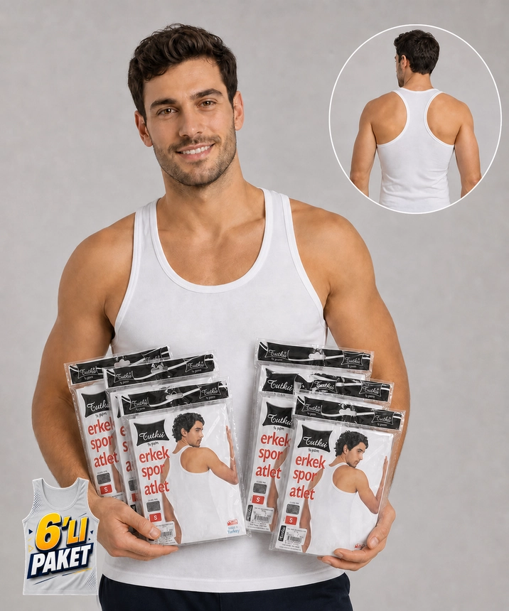 6'lı Paket Çapraz Askılı Erkek Spor Atlet - BEYAZ - 1
