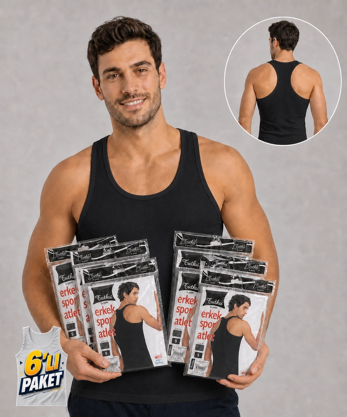 6'lı Paket Çapraz Askılı Erkek Spor Atlet - SİYAH - 1