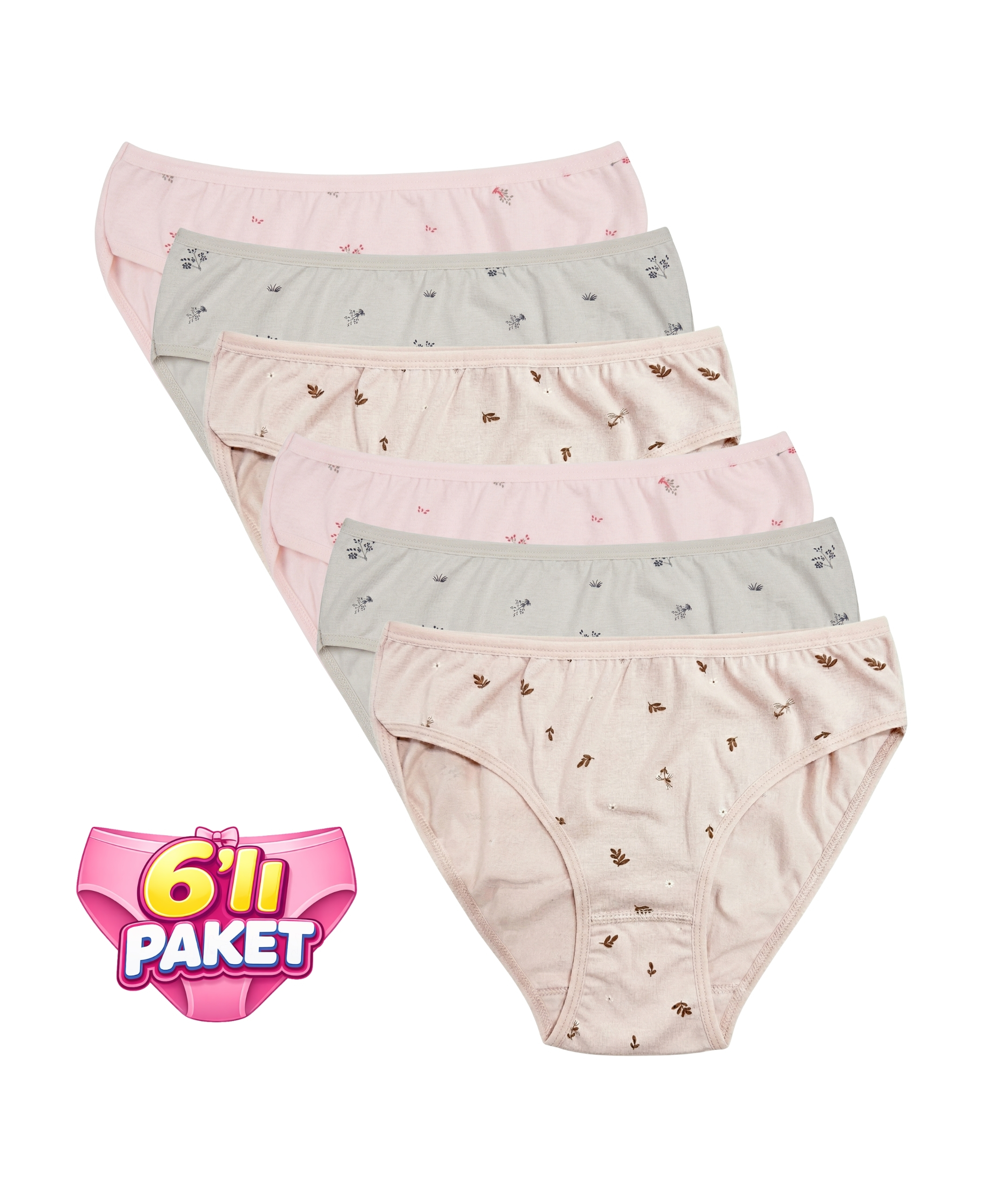 6'lı Paket Çiçek desenli Likralı Bikini Külot - ASORTİ