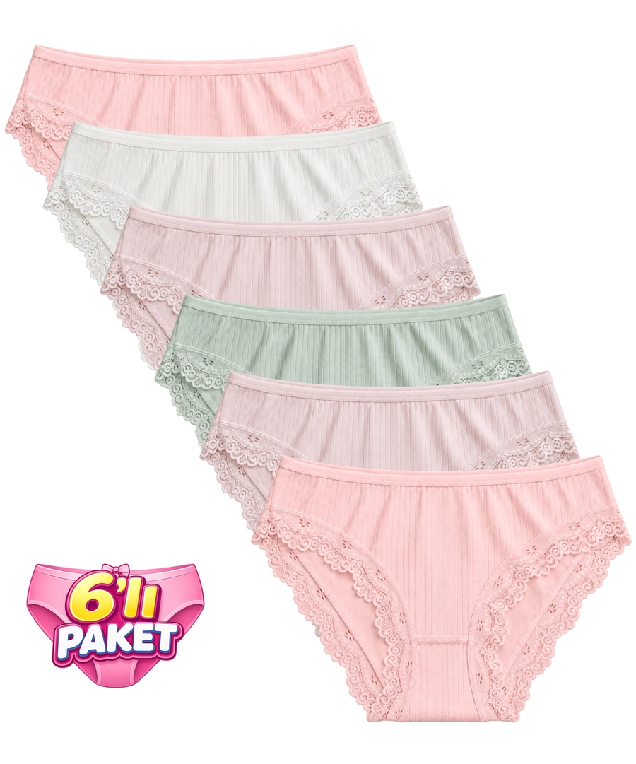 6'lı Paket Çizgili Dantelli Kadın Bikini Külot - ASORTİ