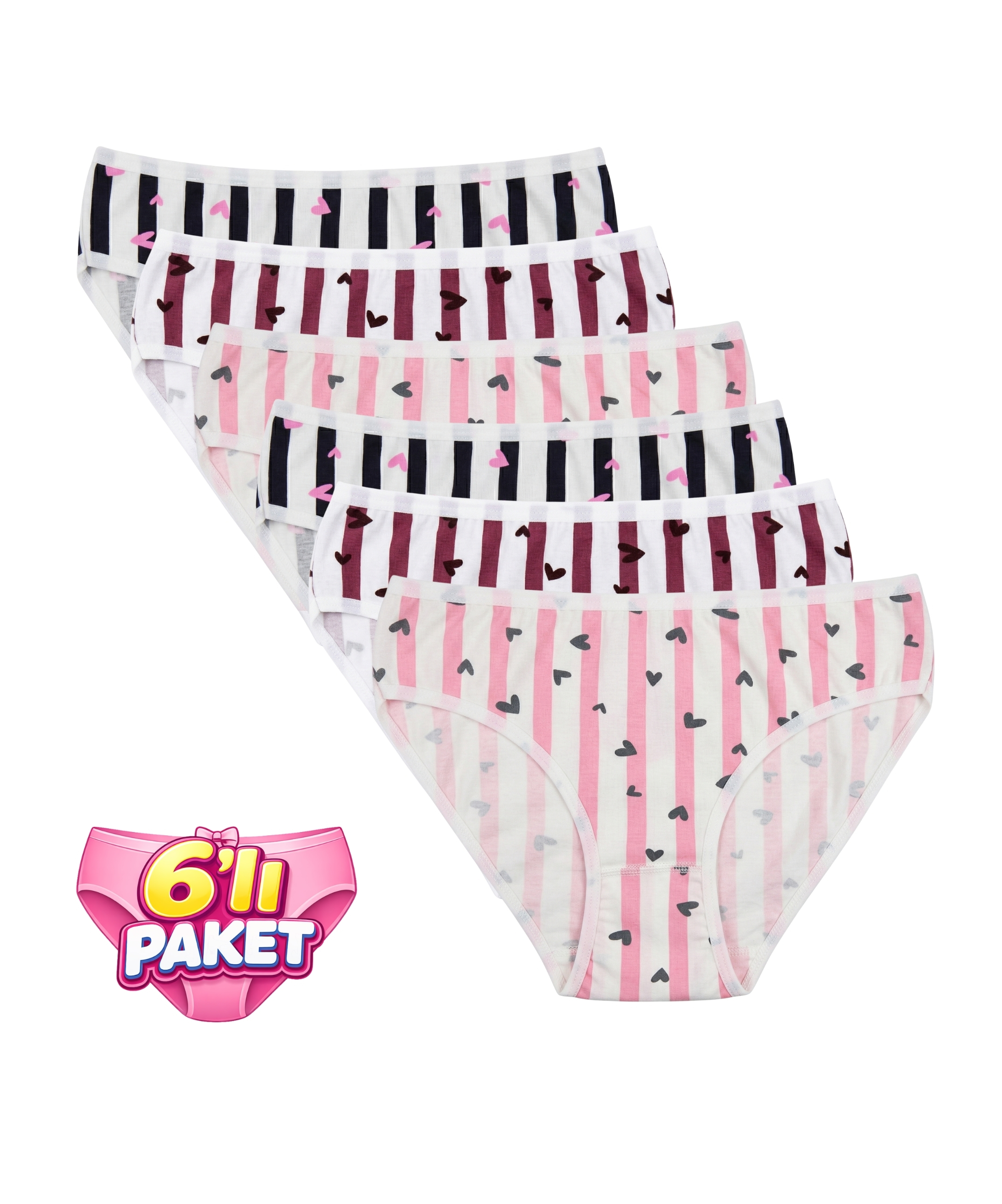 6'lı Paket Çizgili Kalp Desenli Bikini Külot - ASORTİ