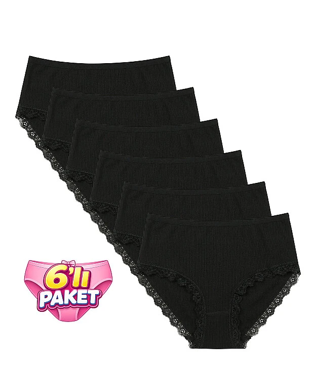 6'lı Paket Desenli likralı Fitilli Bato Külot - SİYAH - 1