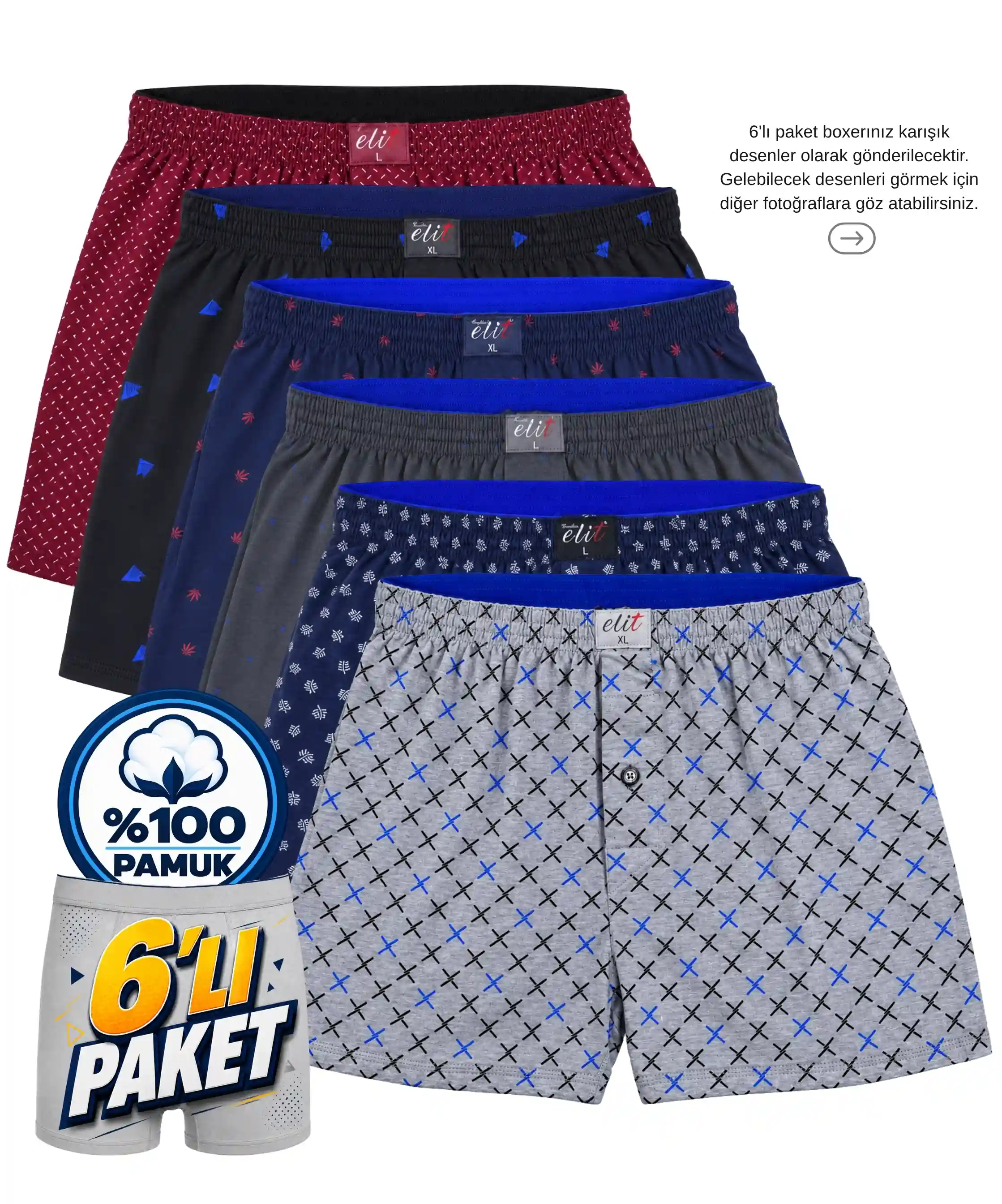 6'lı Paket Erkek Havlu Bel Desenli Boxer - ASORTİ - 1