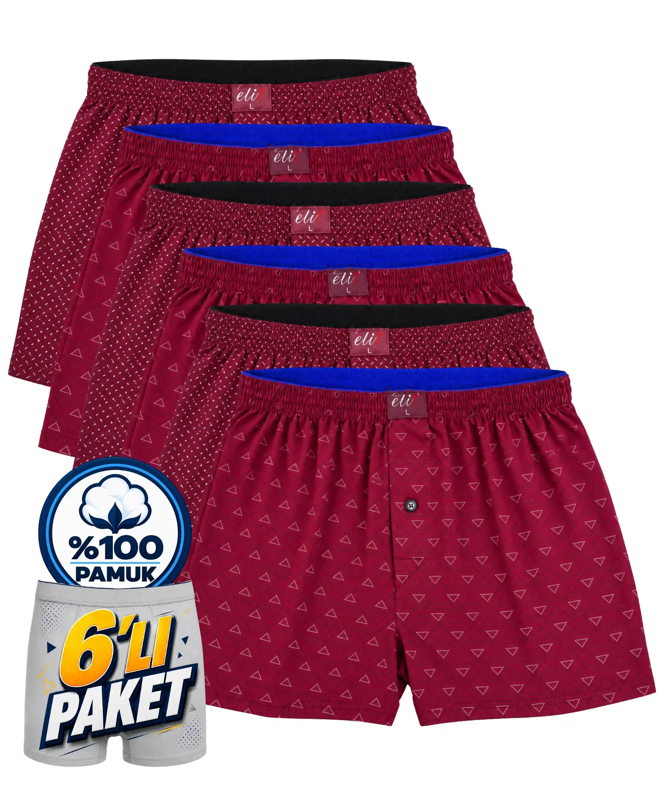 6'lı Paket Erkek Havlu Bel Desenli Boxer - BORDO