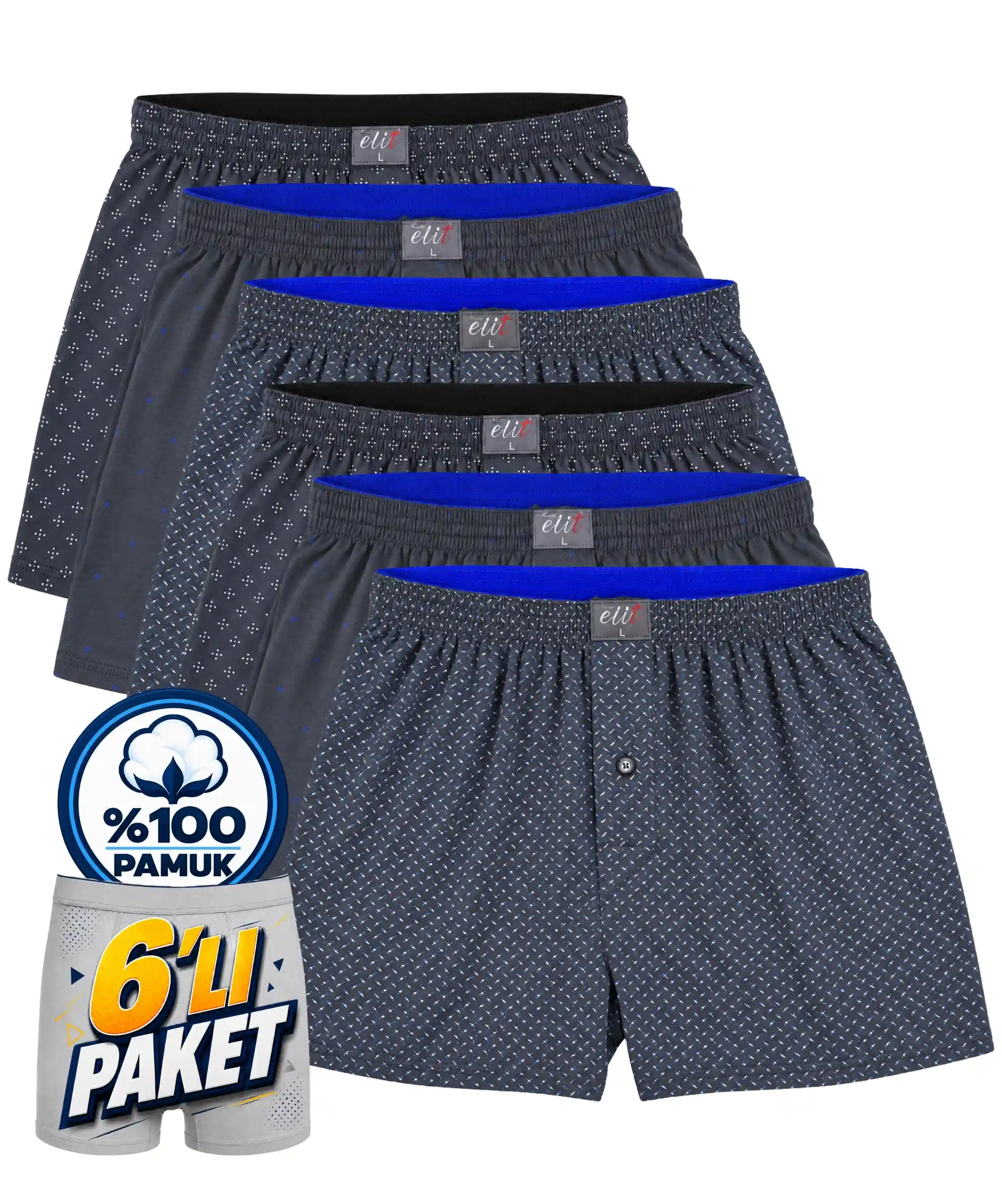 6'lı Paket Erkek Havlu Bel Desenli Boxer - FÜME - 1