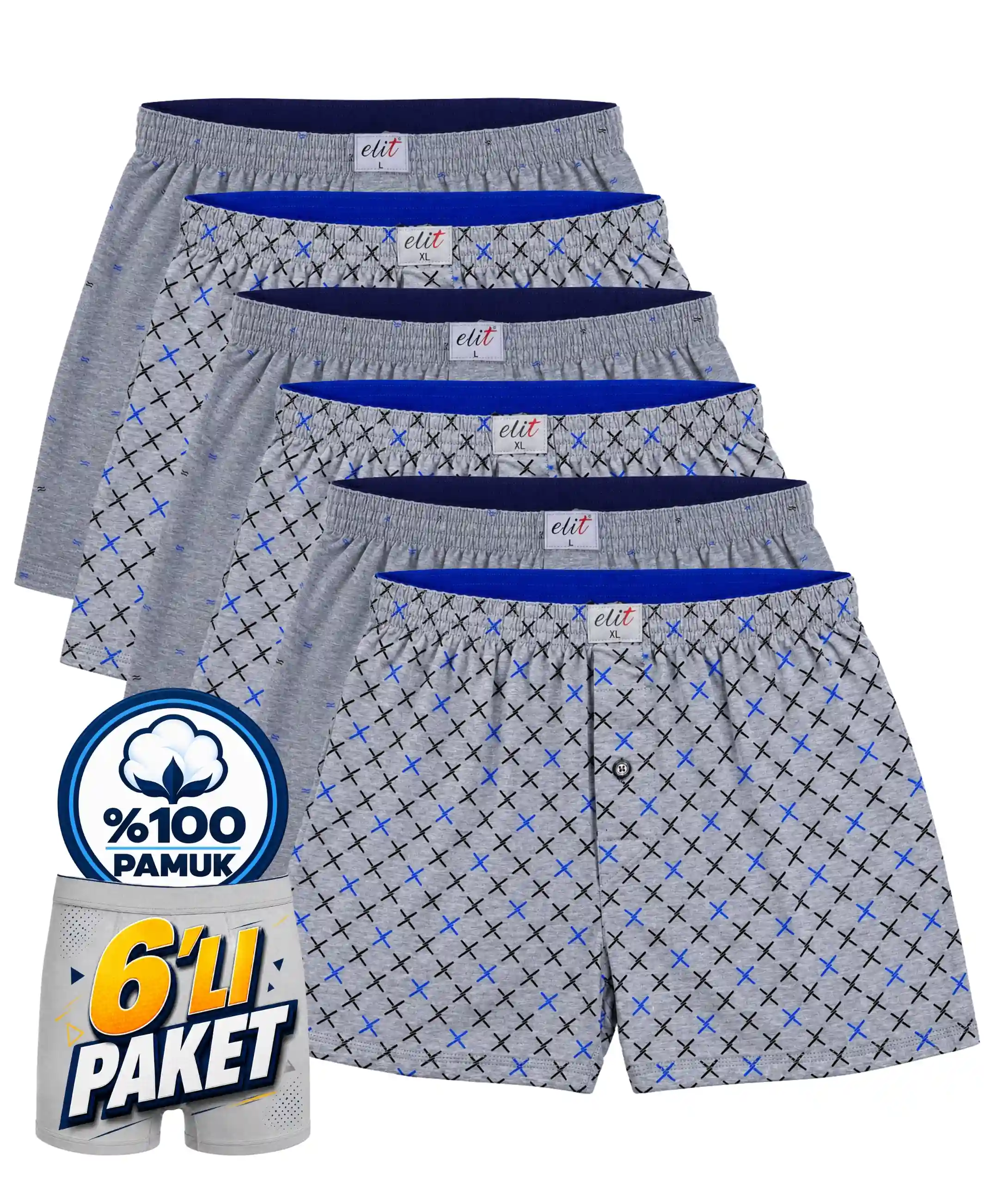 6'lı Paket Erkek Havlu Bel Desenli Boxer - GRİ
