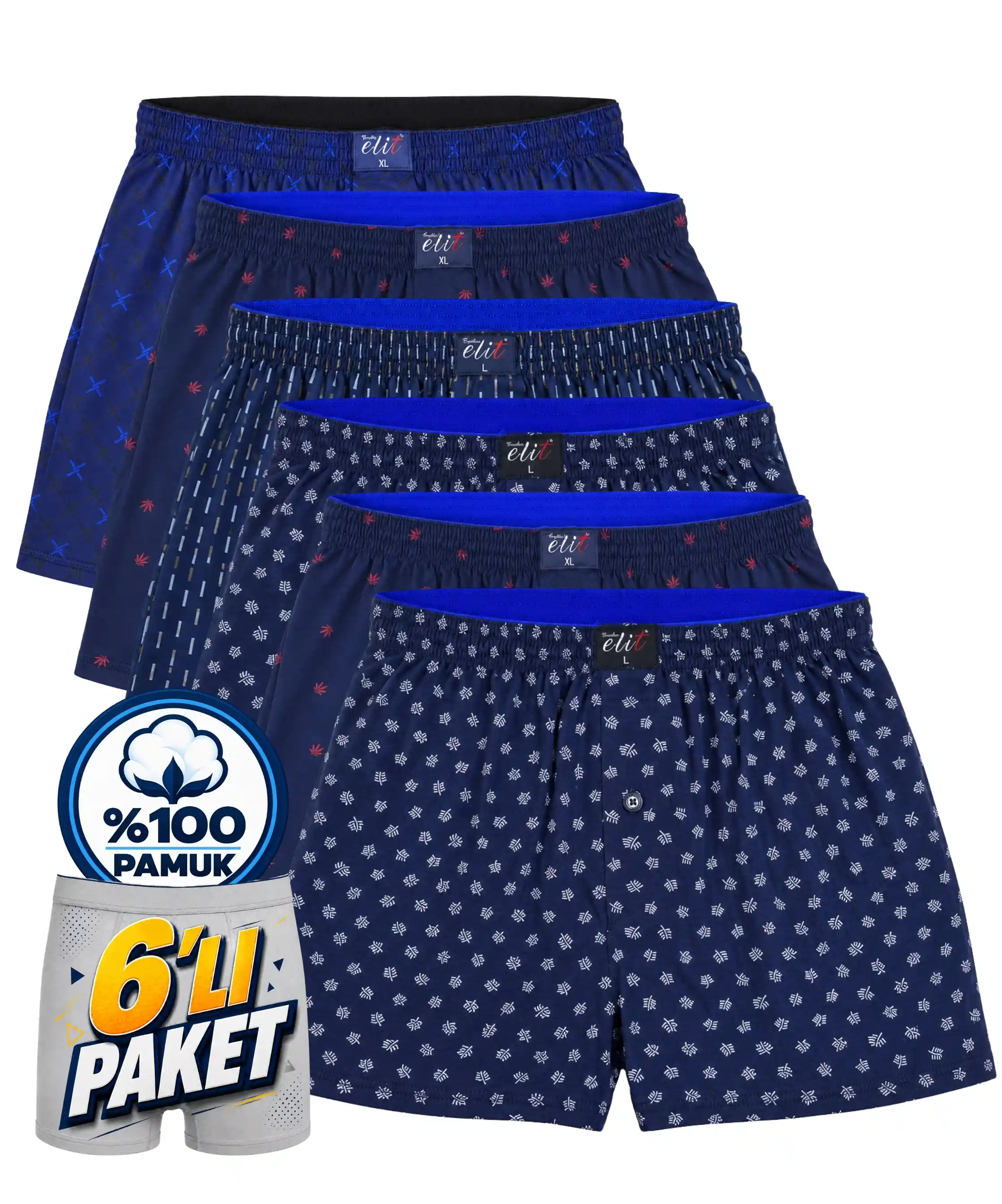 6'lı Paket Erkek Havlu Bel Desenli Boxer - LACİVERT - 1