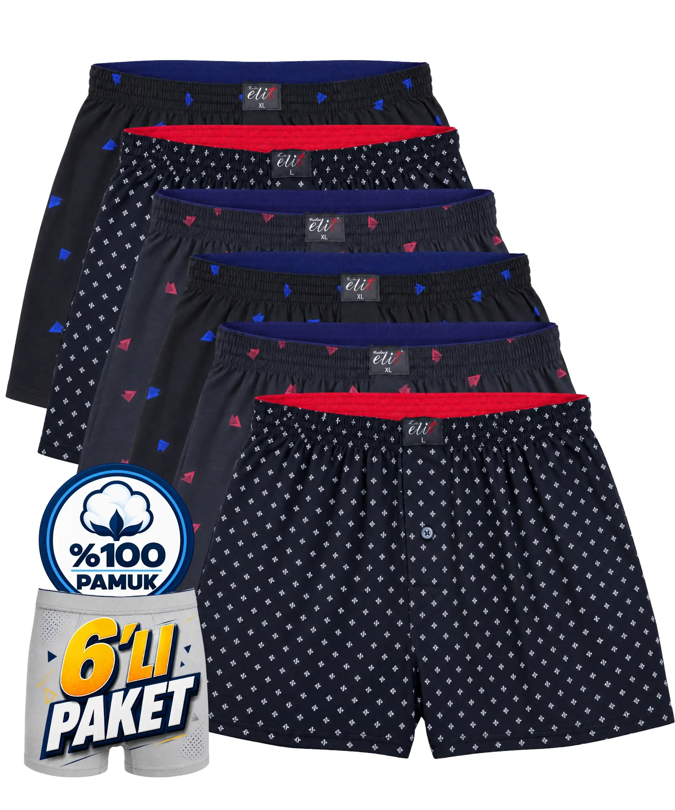 6'lı Paket Erkek Havlu Bel Desenli Boxer - SİYAH - 1
