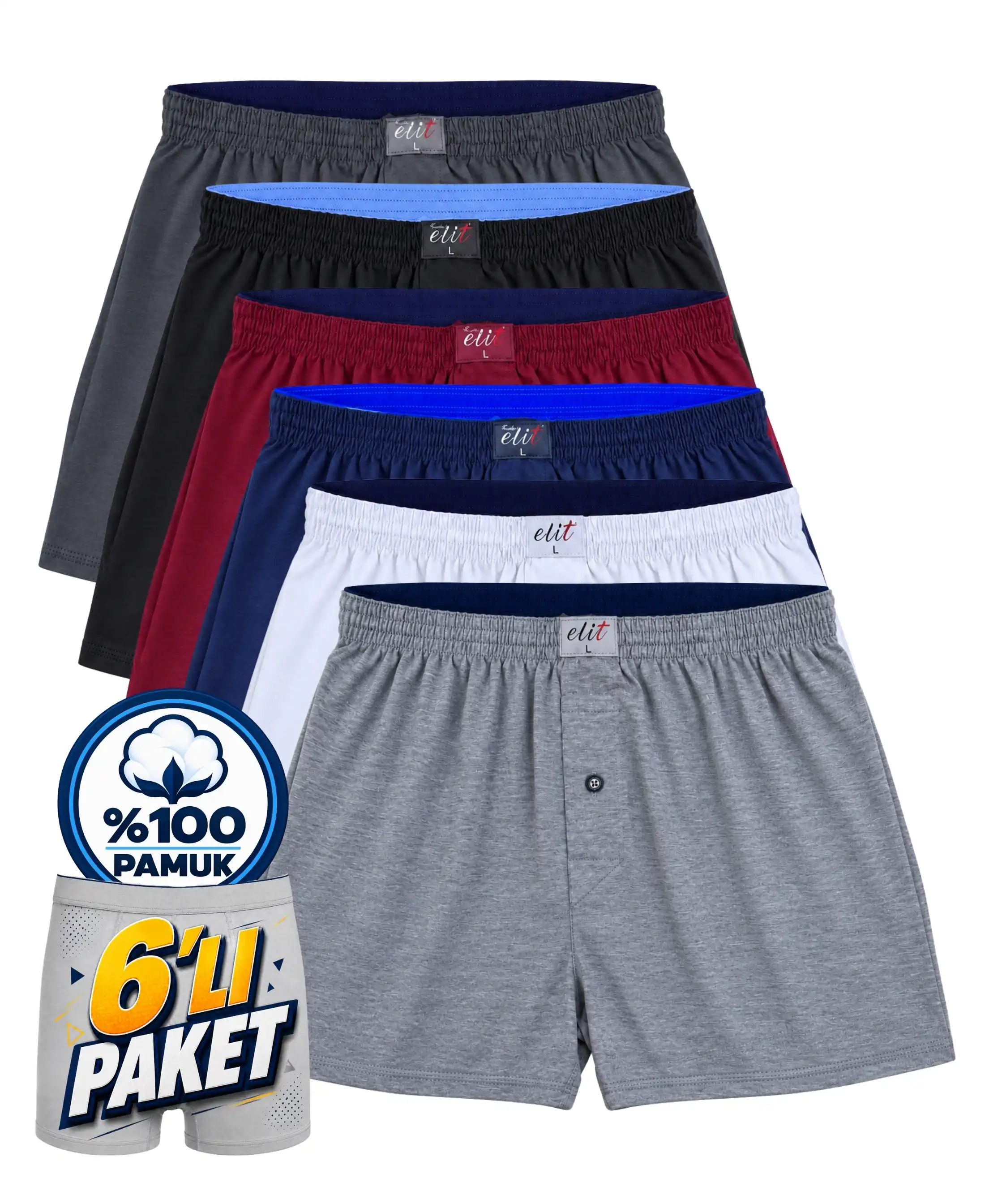 6'lı Paket Erkek Havlu Bel Düz Boxer - ASORTİ - 1