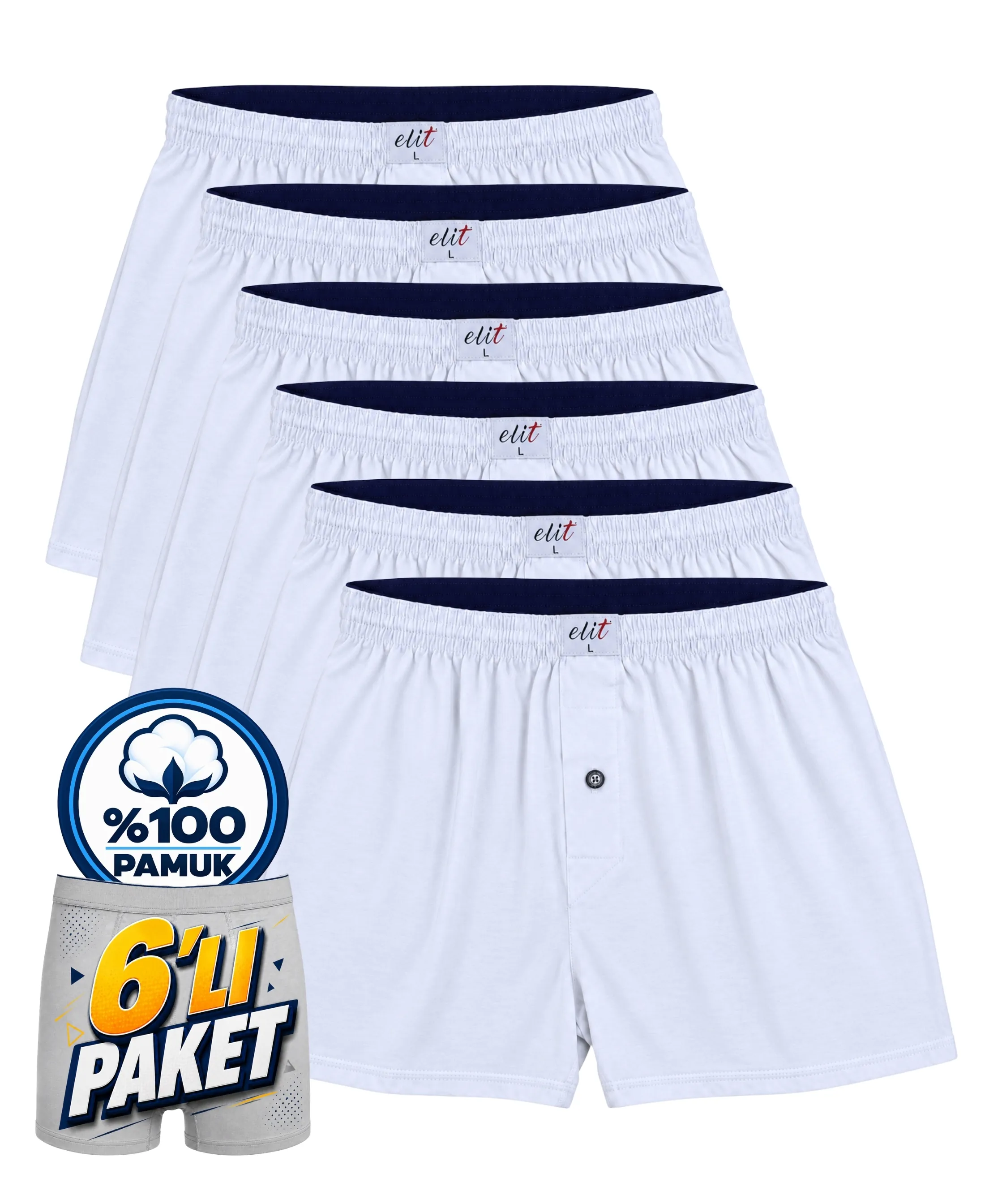 6'lı Paket Erkek Havlu Bel Düz Boxer - BEYAZ - 1