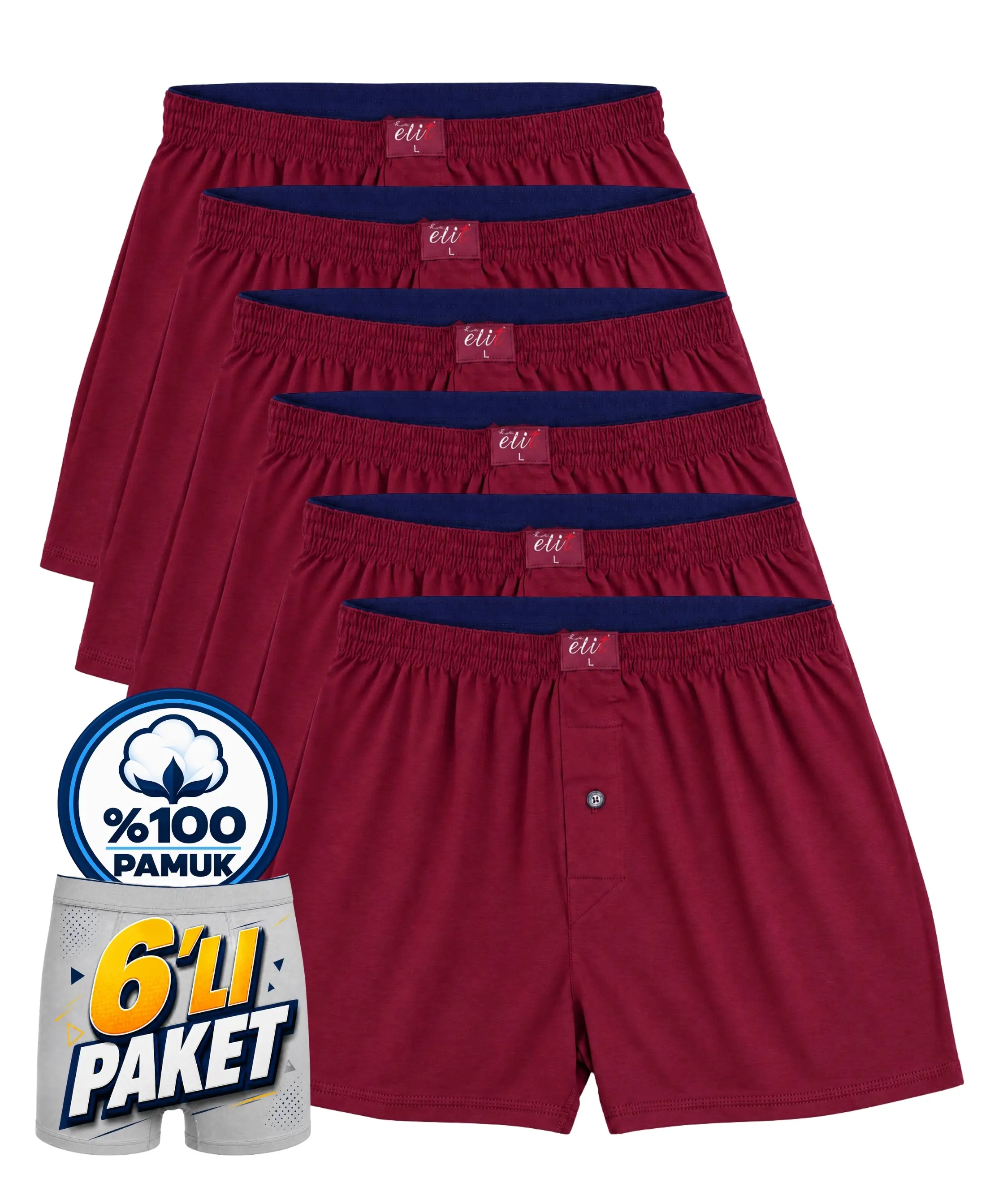 6'lı Paket Erkek Havlu Bel Düz Boxer - BORDO - 1