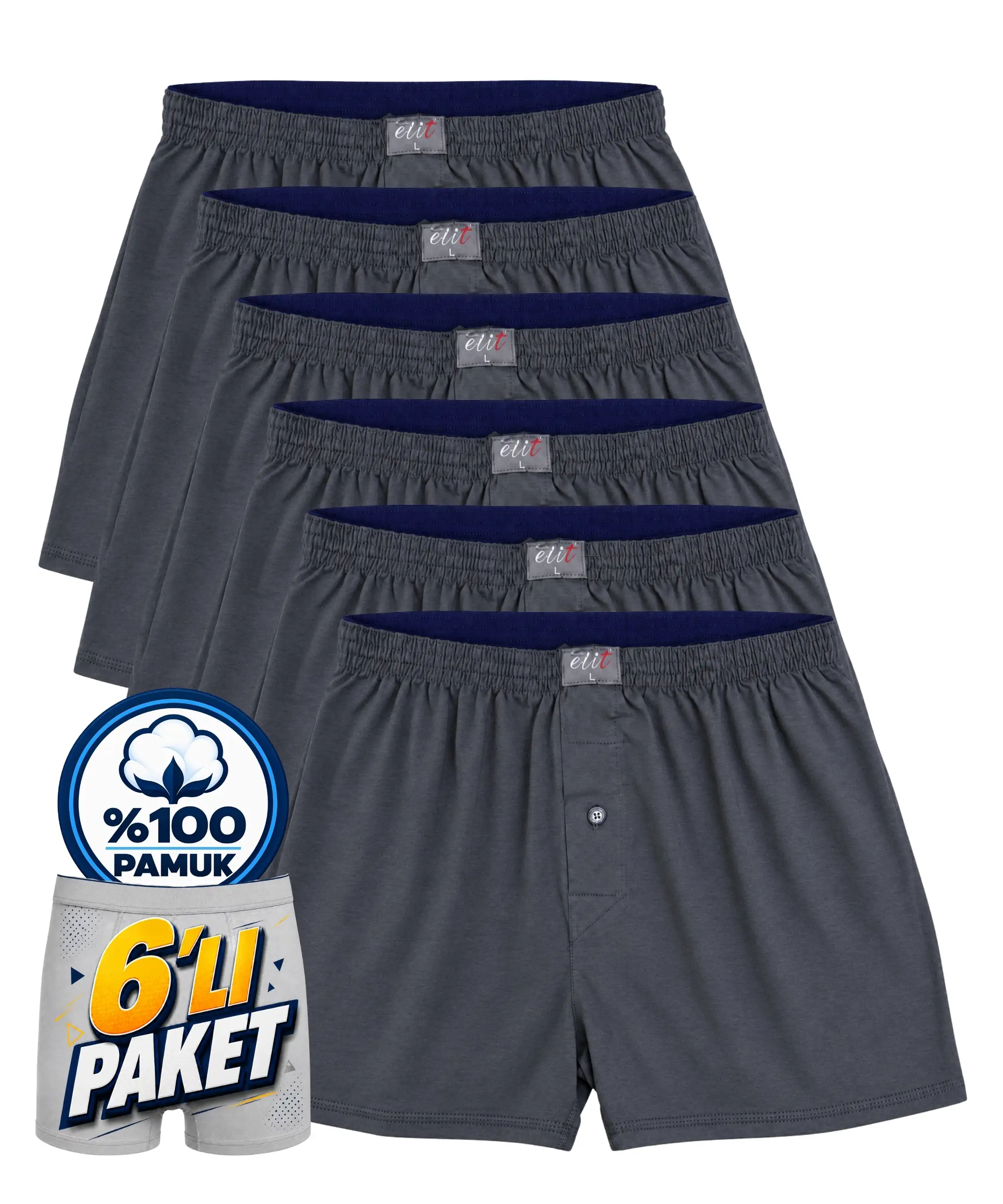 6'lı Paket Erkek Havlu Bel Düz Boxer - FÜME