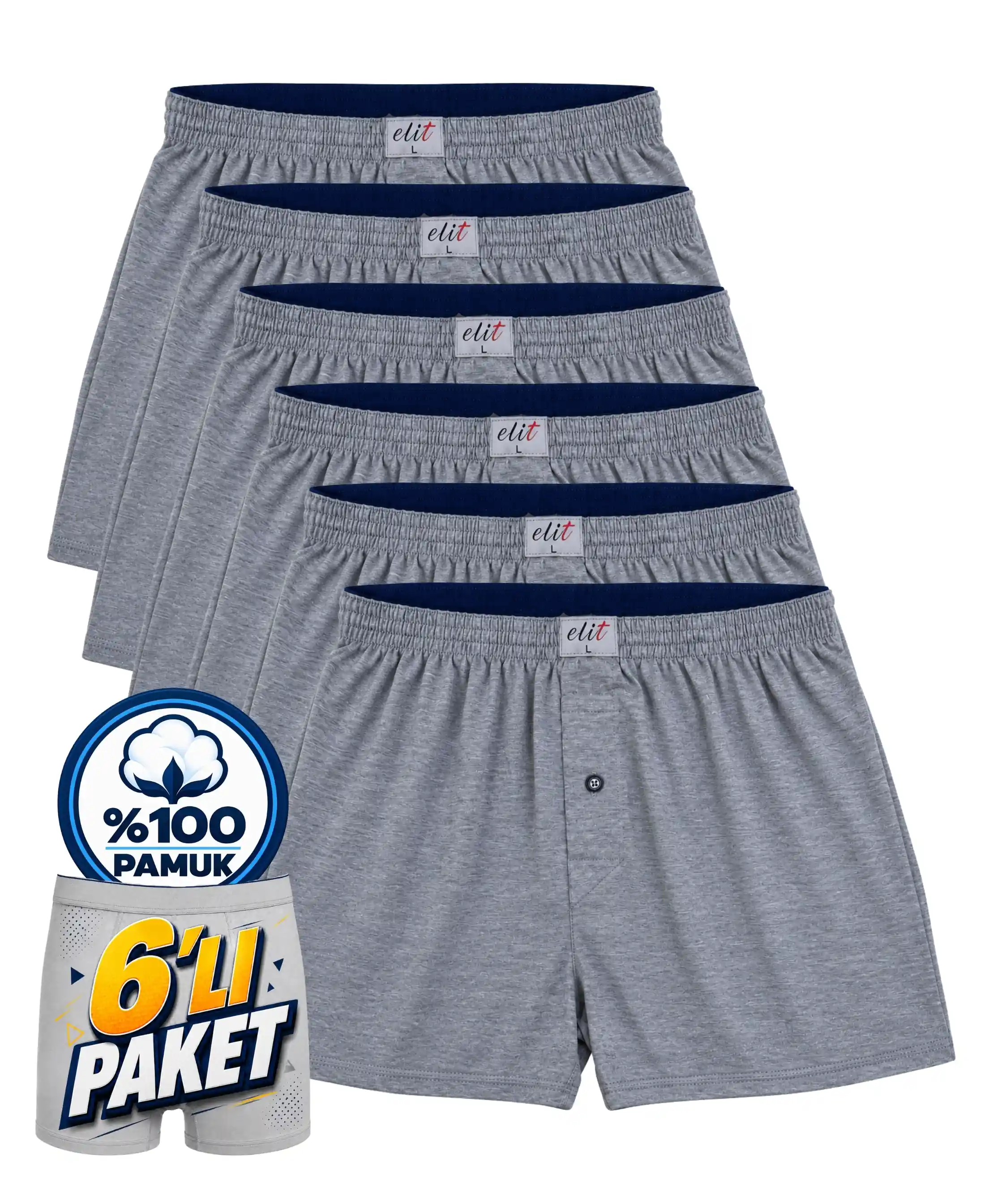 6'lı Paket Erkek Havlu Bel Düz Boxer - GRİ - 1