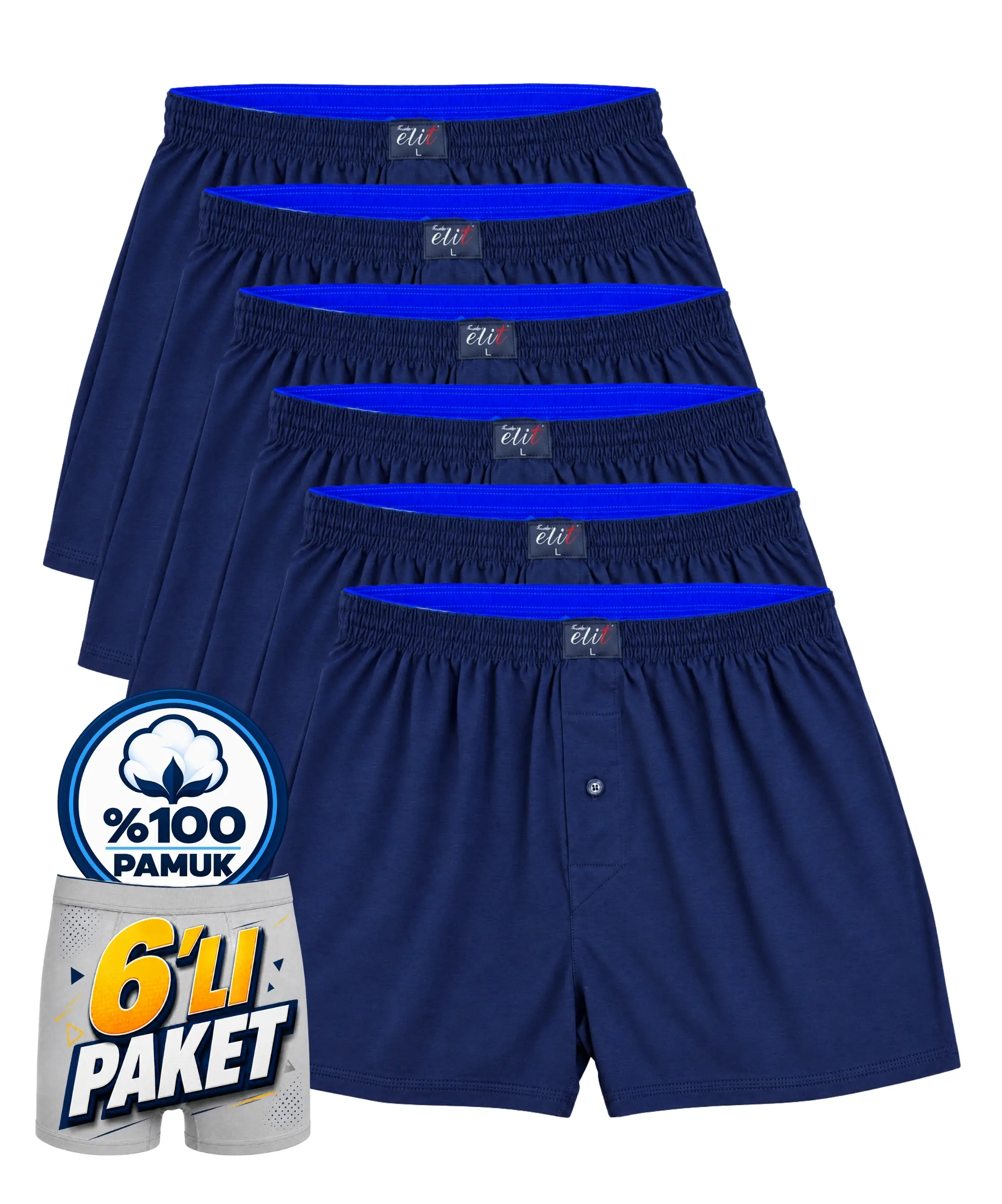 6'lı Paket Erkek Havlu Bel Düz Boxer - LACİVERT - 1