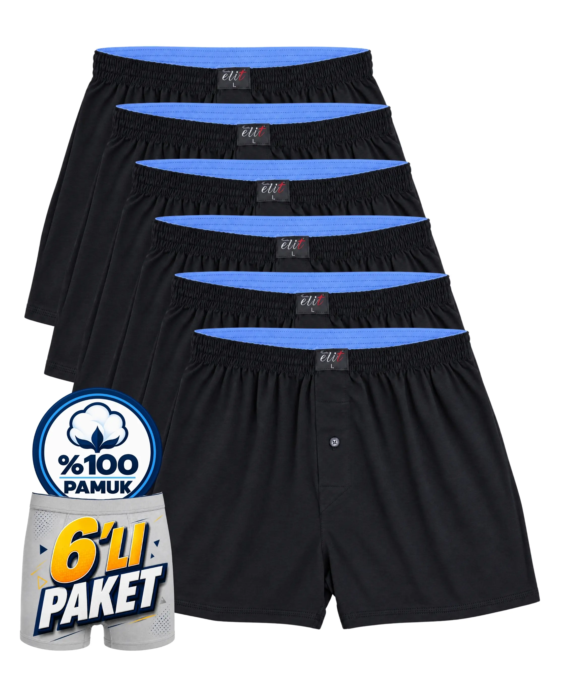 6'lı Paket Erkek Havlu Bel Düz Boxer - SİYAH - 1