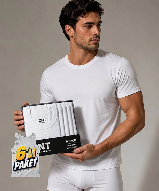 6'Lı Paket Erkek Penye Sıfır Yaka Atlet - BEYAZ