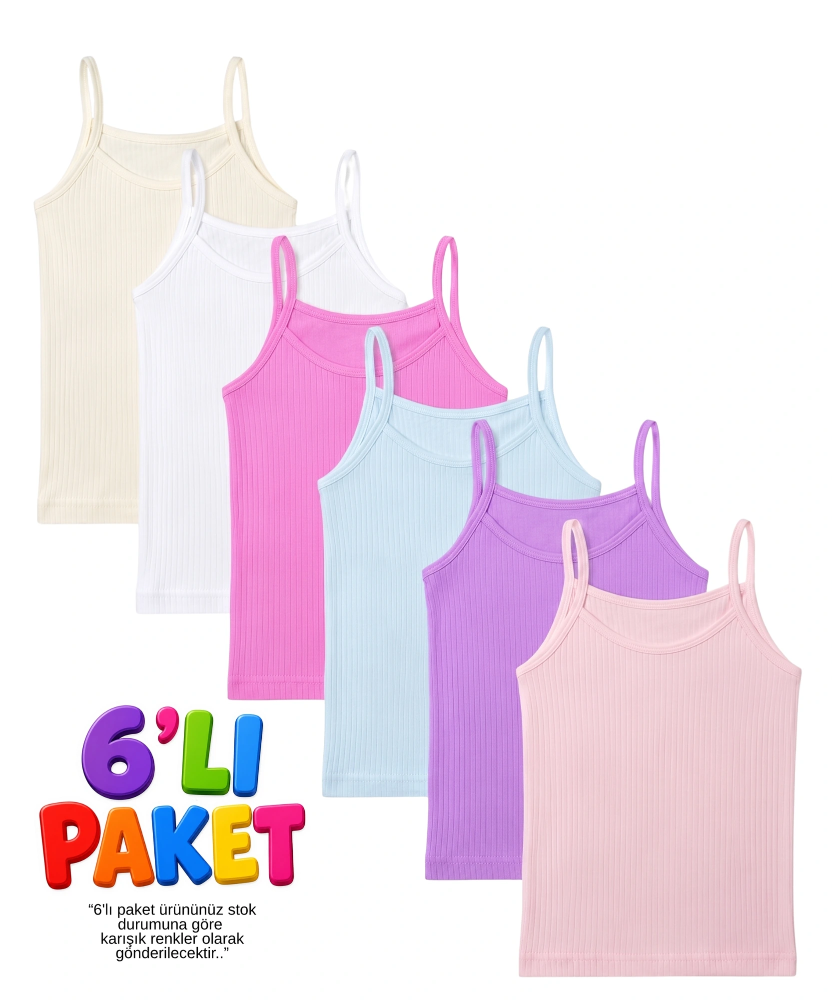 6'Lı Paket Fitilli İp Askılı Kız Çocuk Atlet - ASORTİ - 1