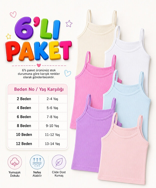 6'Lı Paket Pamuklu Fitilli İp Askılı Kız Çocuk Atlet - ASORTİ - 2