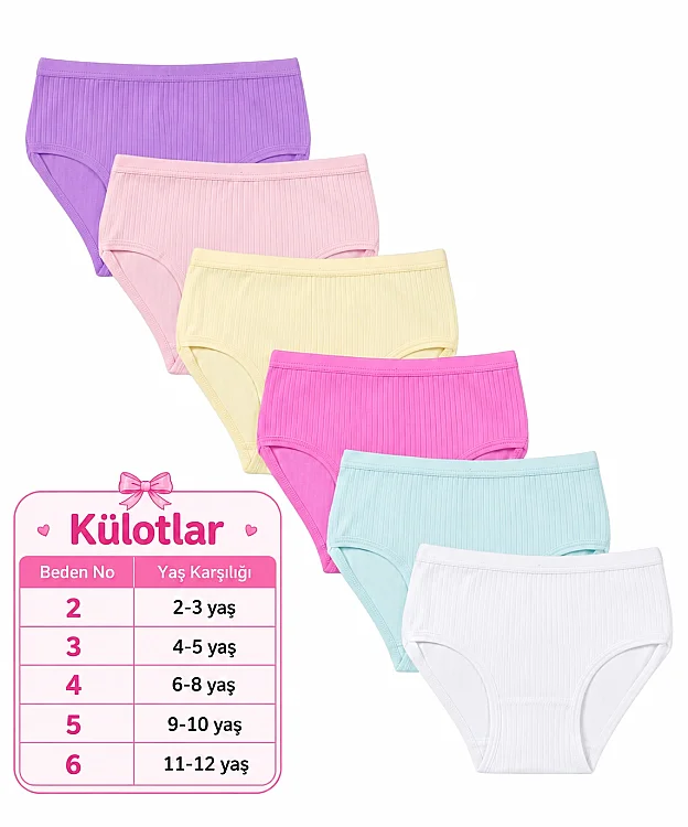 6'Lı Paket Pamuklu Fitilli Kız Çocuk Külot - ASORTİ - 2