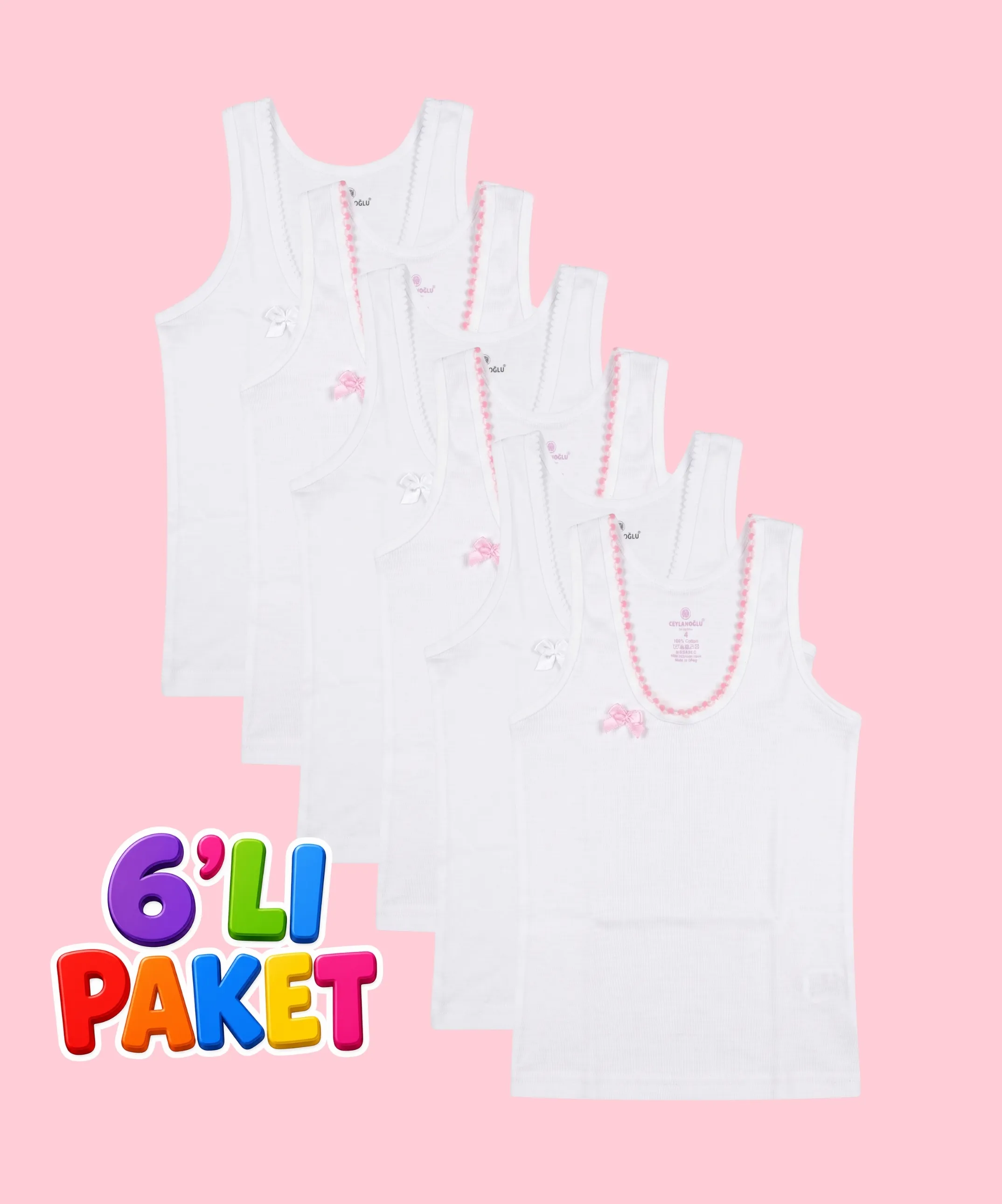 6'Lı Paket Geniş Askılı Kız Çocuk Atlet - BEYAZ