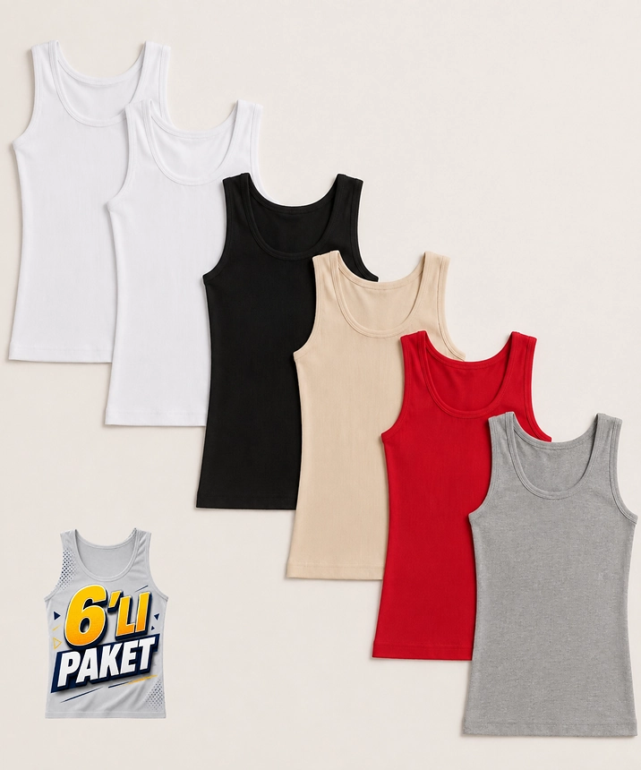 6'lı Paket Geniş Askılı Ribana Kadın Atlet - ASORTİ